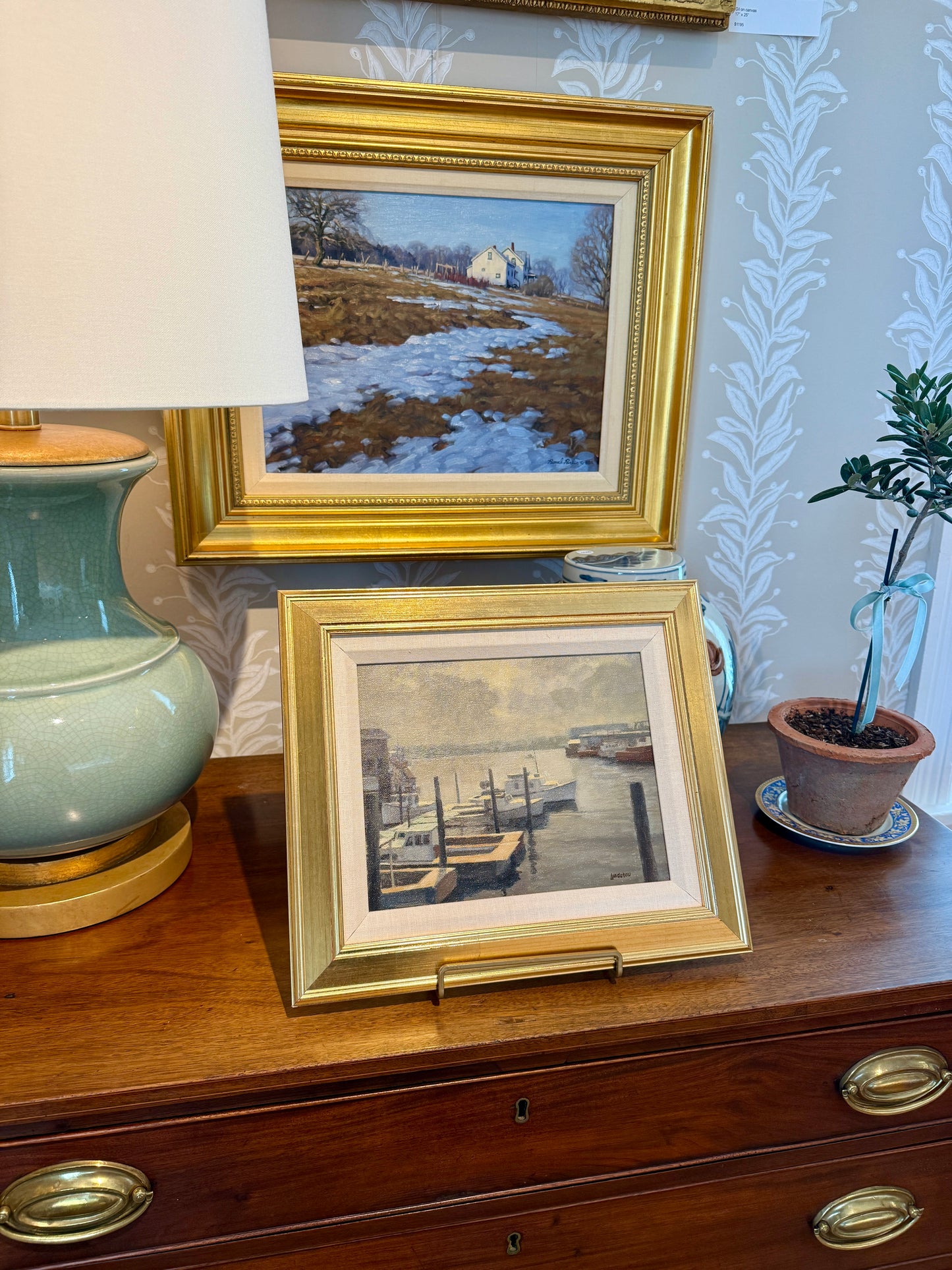 Roger Lundskow American Harbor Scene #1 Oil Painting in Gold Frame