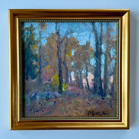 Impressionist Hudson Valley Wooded Landscape Oil Painting in Gold Beaded Frame