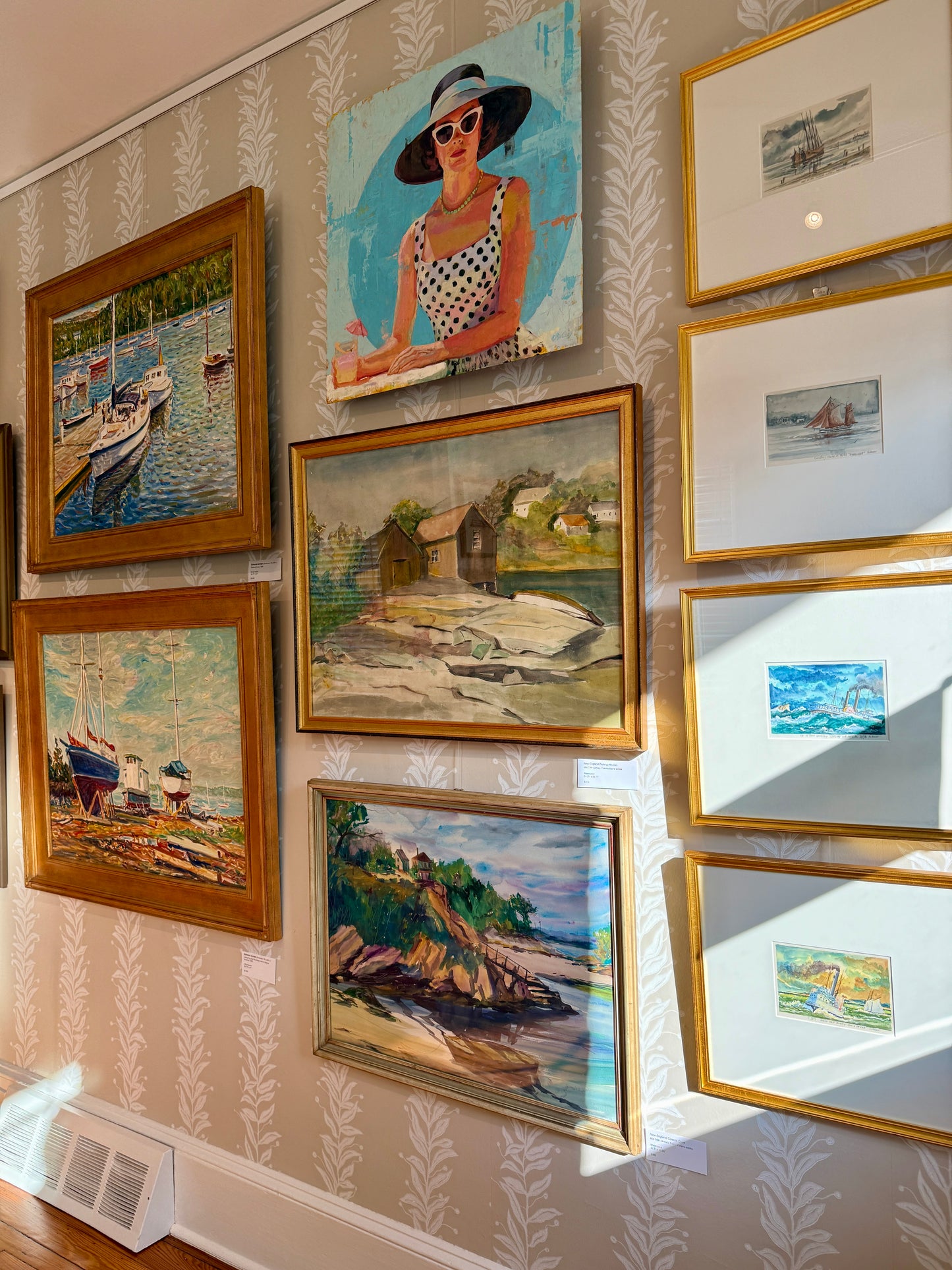 Mid Century New England Fishing Cove Houses Watercolor in Gold Frame