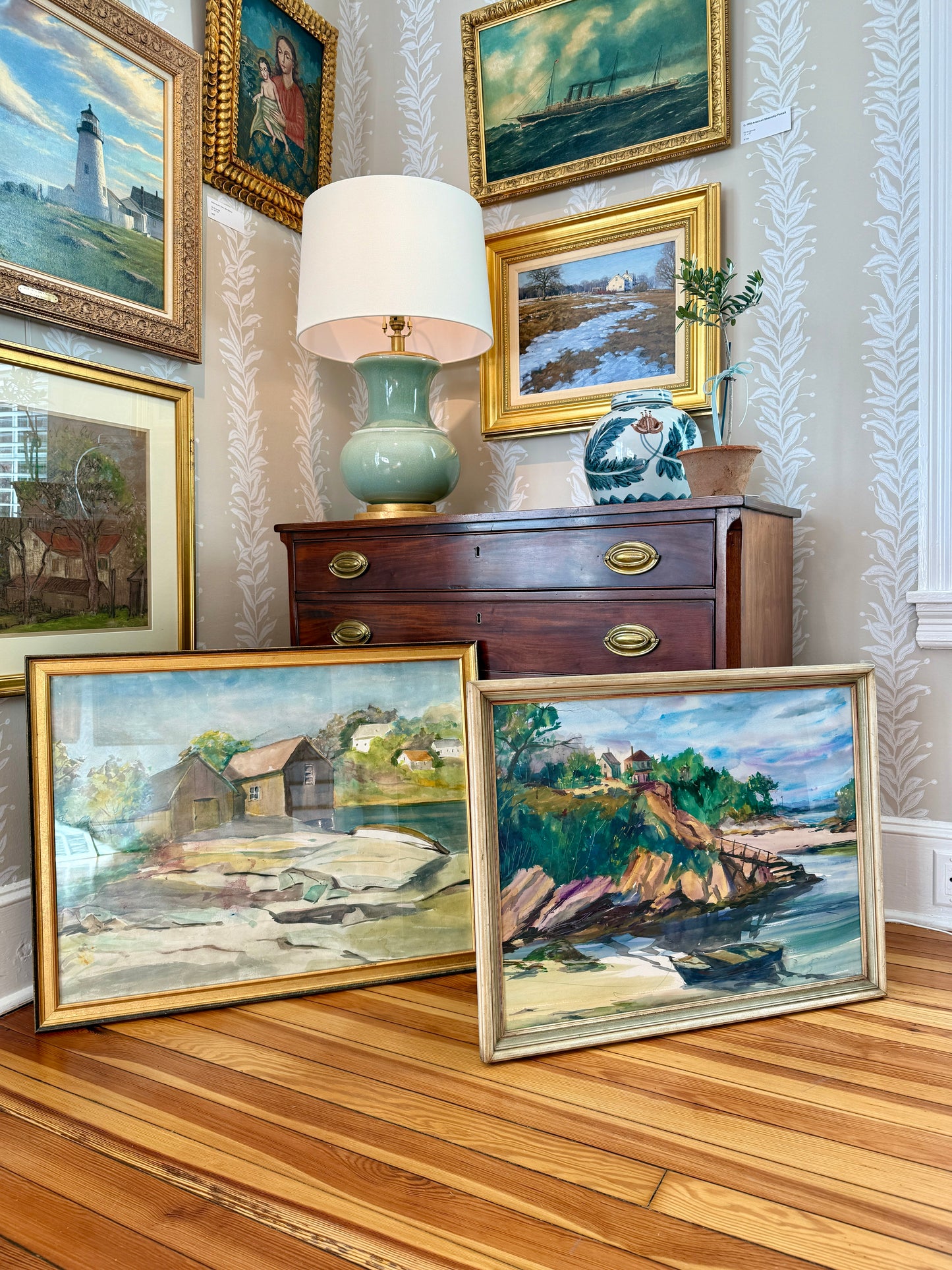 Mid Century New England Colorful Cove Houses Watercolor in Painted Frame