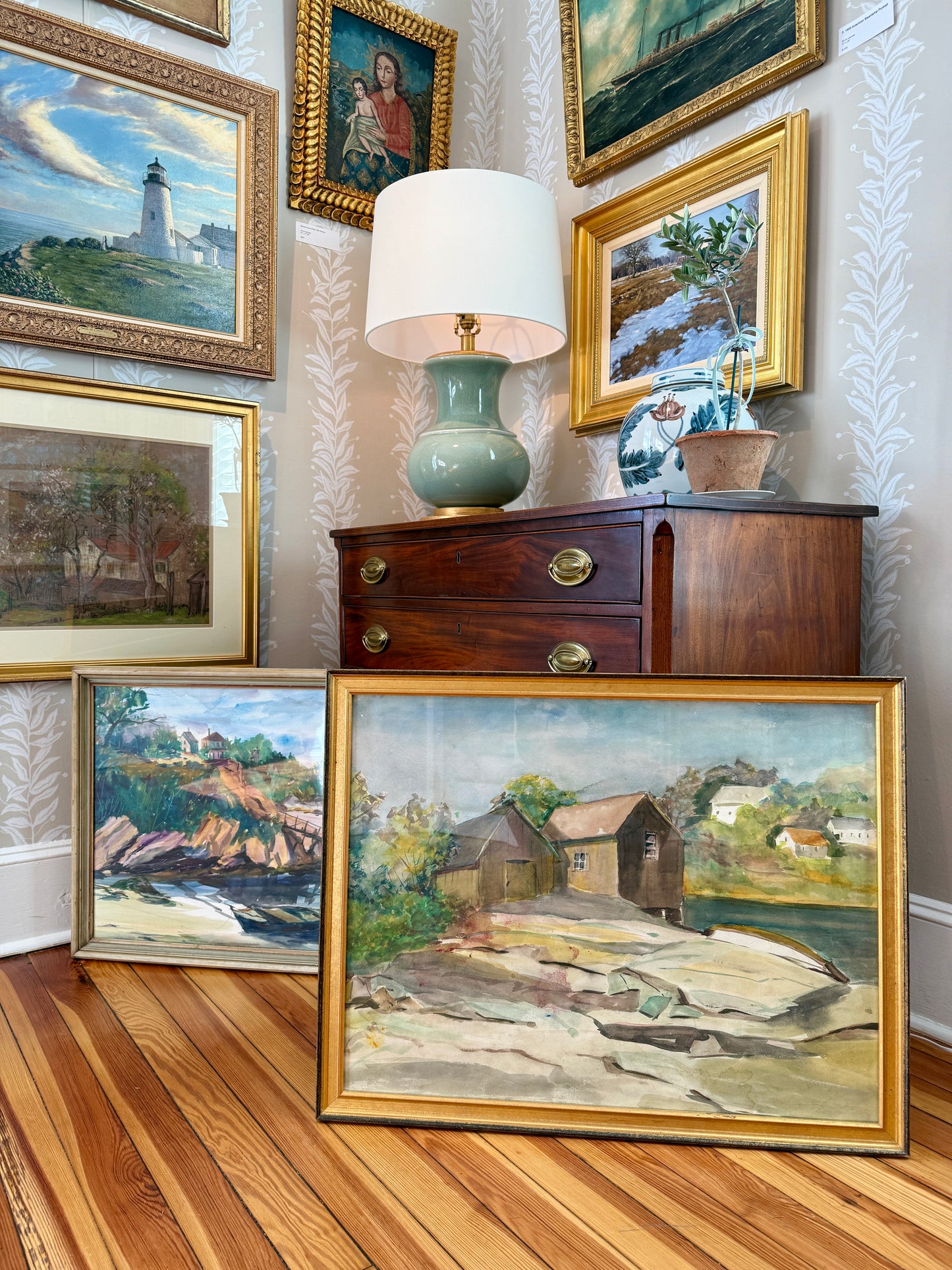 Mid Century New England Fishing Cove Houses Watercolor in Gold Frame