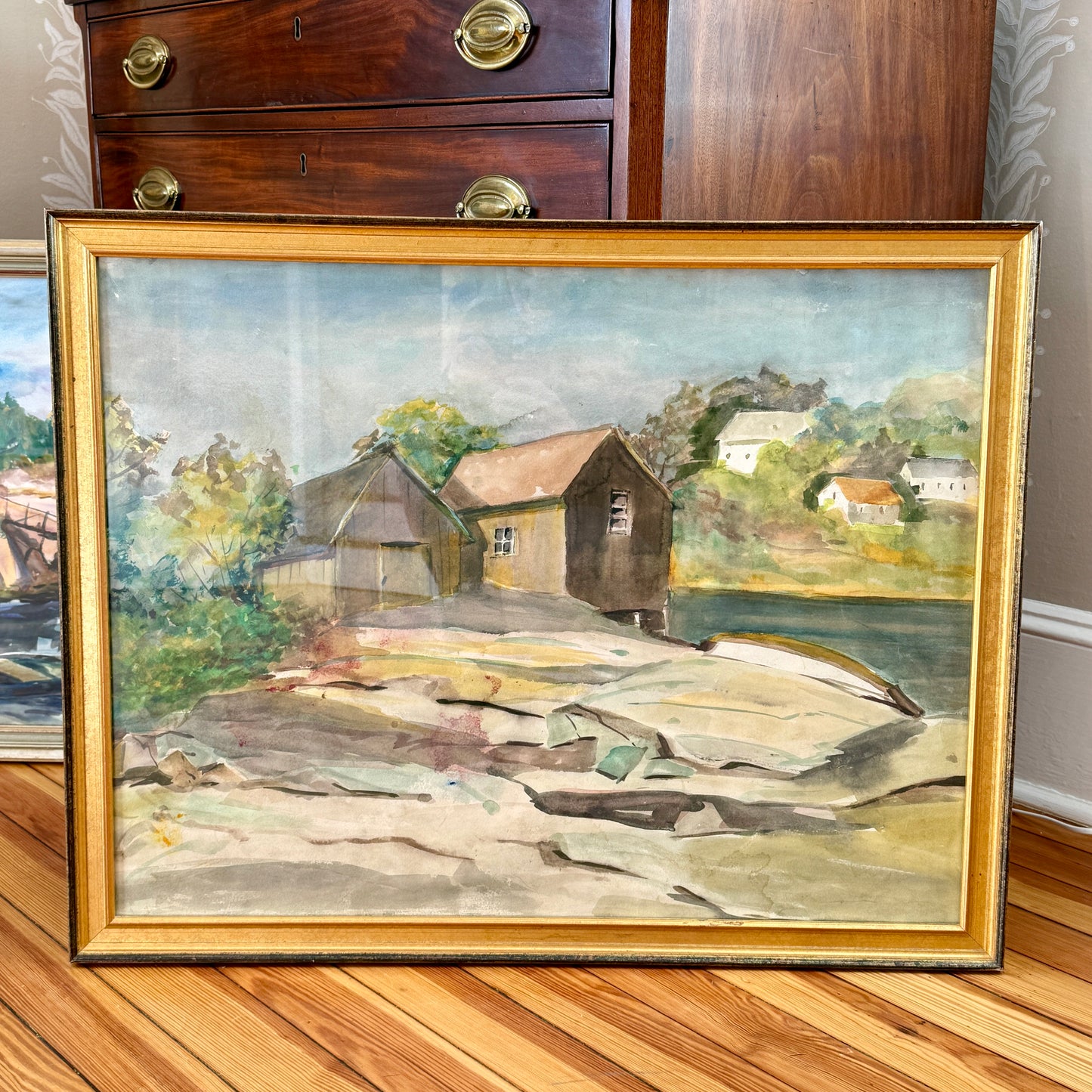 Mid Century New England Fishing Cove Houses Watercolor in Gold Frame