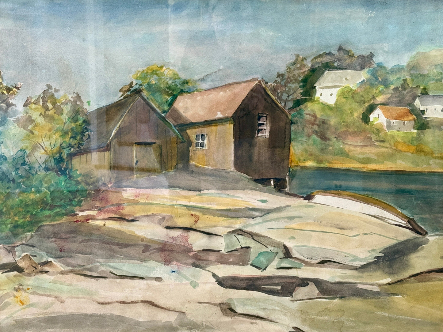 Mid Century New England Fishing Cove Houses Watercolor in Gold Frame