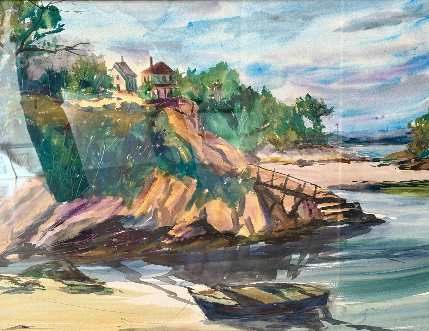 Mid Century New England Colorful Cove Houses Watercolor in Painted Frame