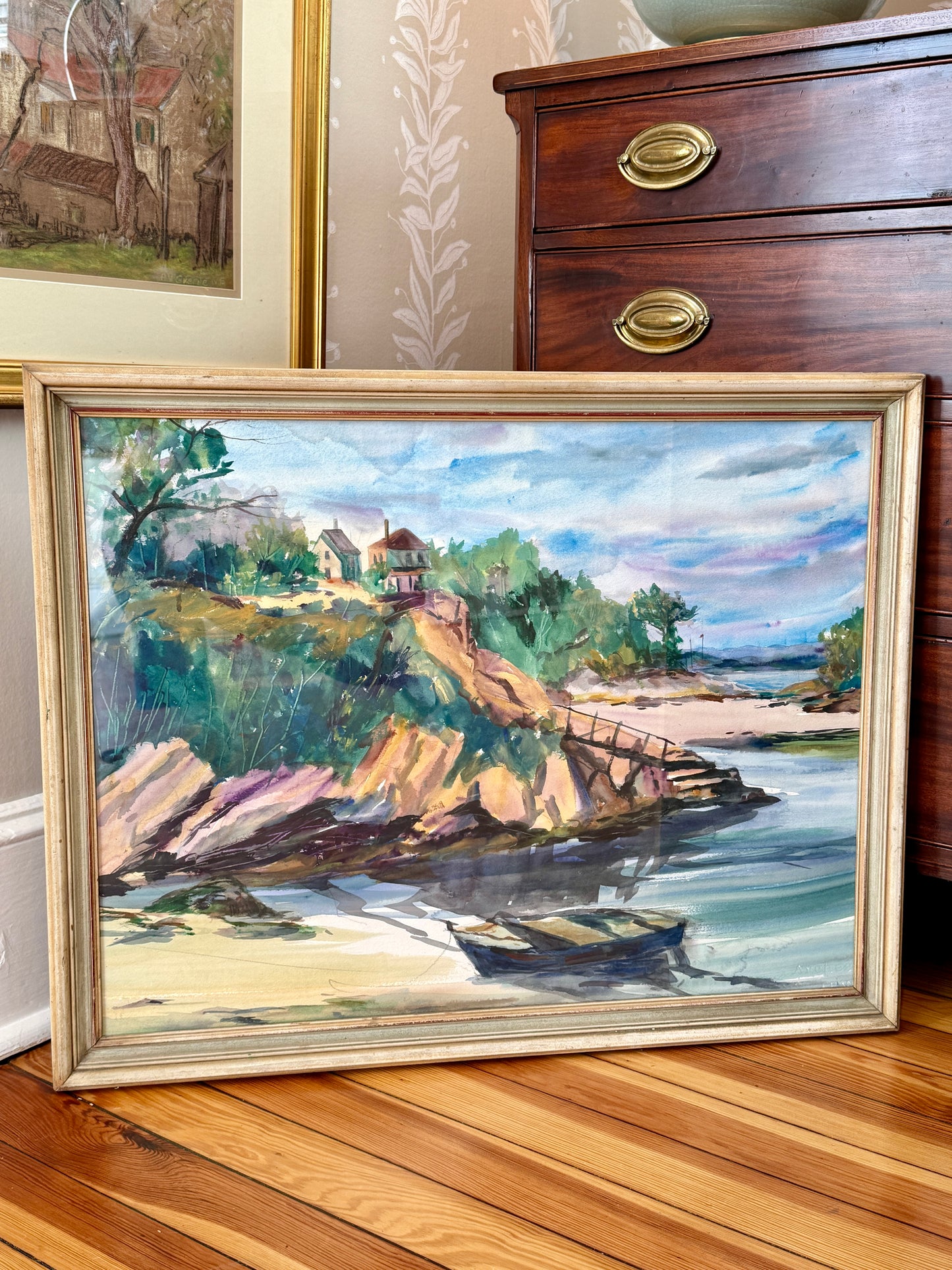 Mid Century New England Colorful Cove Houses Watercolor in Painted Frame