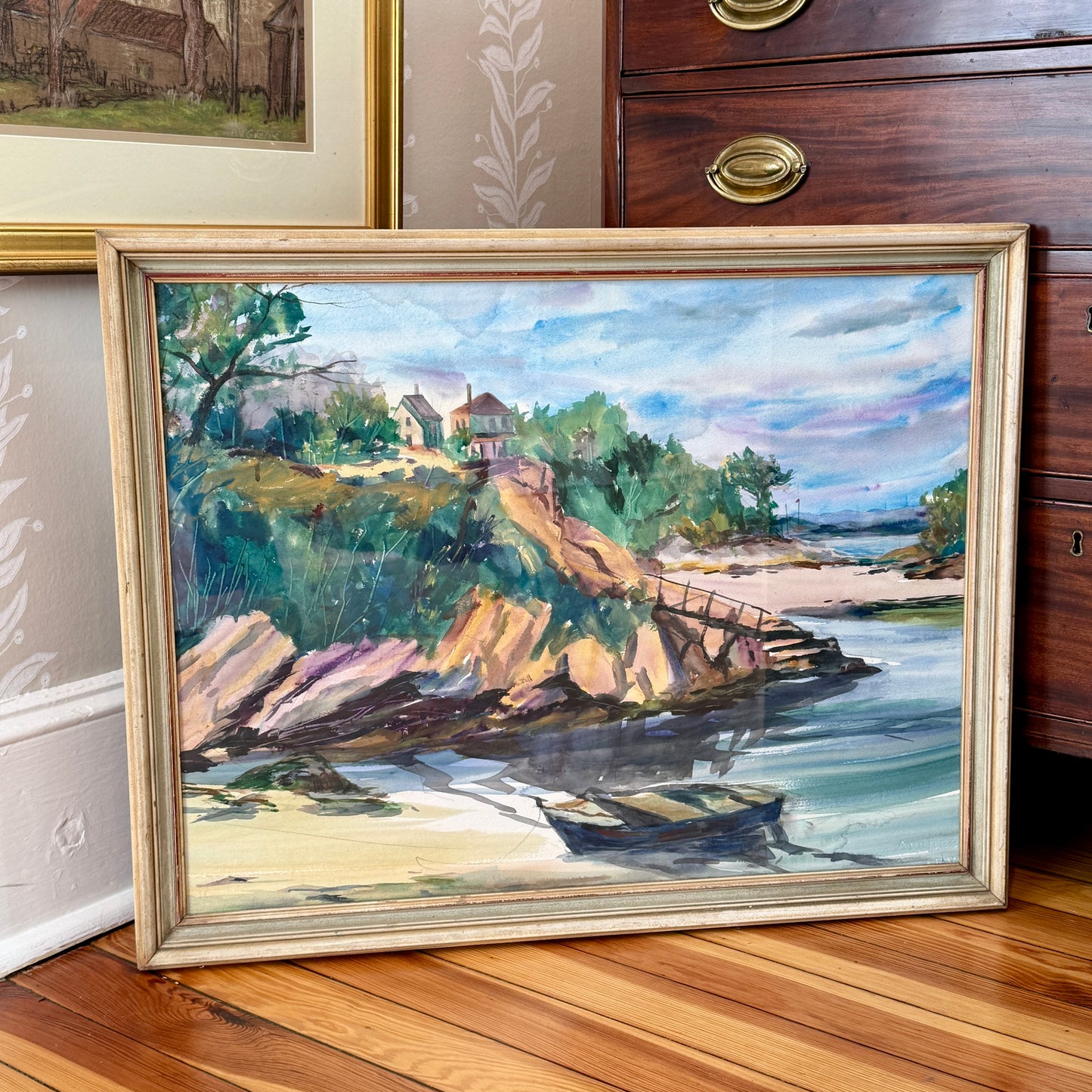 Mid Century New England Colorful Cove Houses Watercolor in Painted Frame