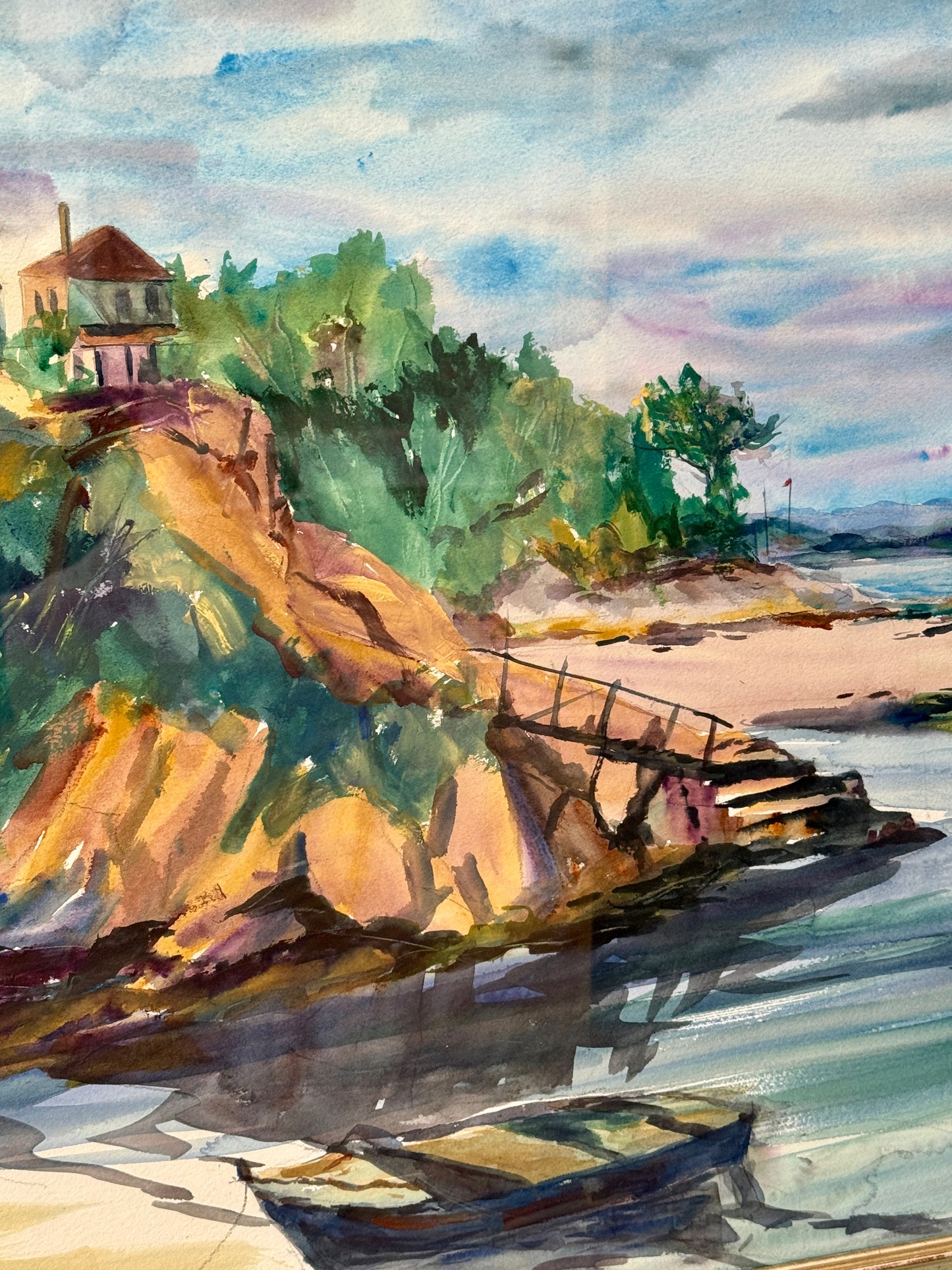 Mid Century New England Colorful Cove Houses Watercolor in Painted Frame