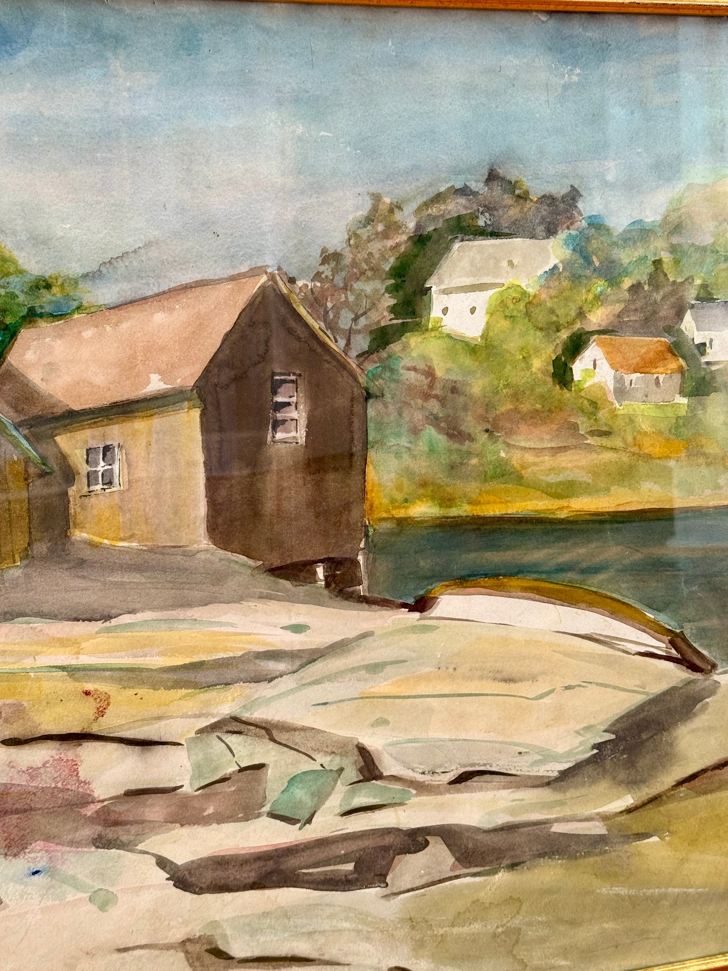 Mid Century New England Fishing Cove Houses Watercolor in Gold Frame