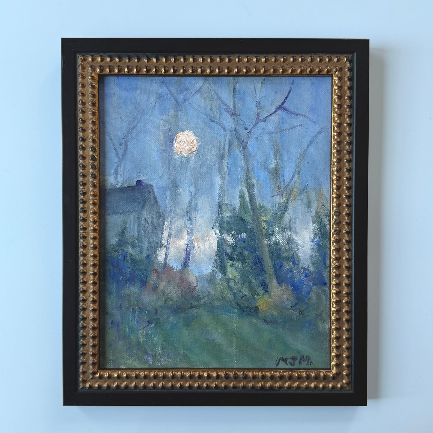 Impressionist Hudson Valley Moon Rise Wooded Landscape Oil Painting in Black and Gold Beaded Frame