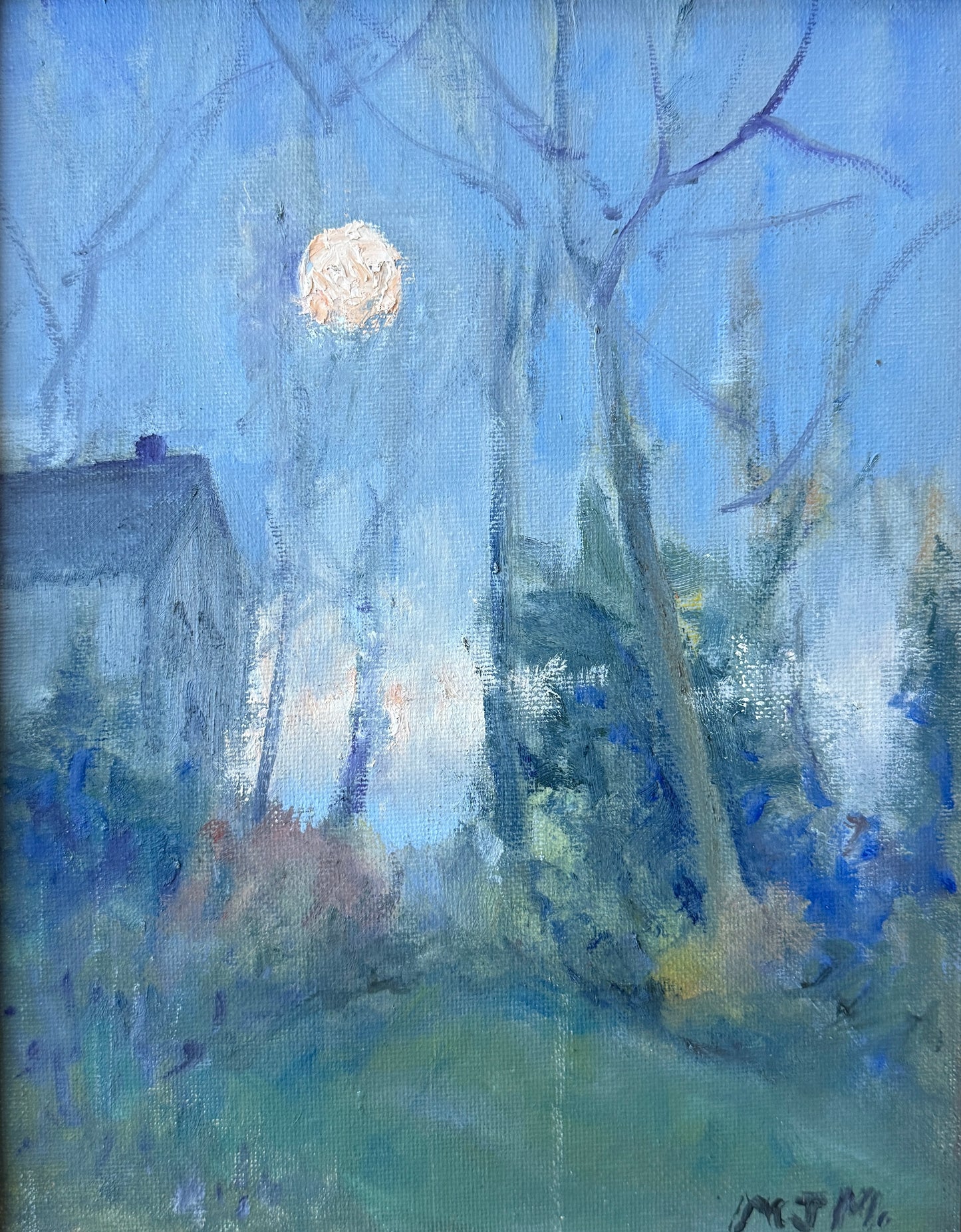 Impressionist Hudson Valley Moon Rise Wooded Landscape Oil Painting in Black and Gold Beaded Frame