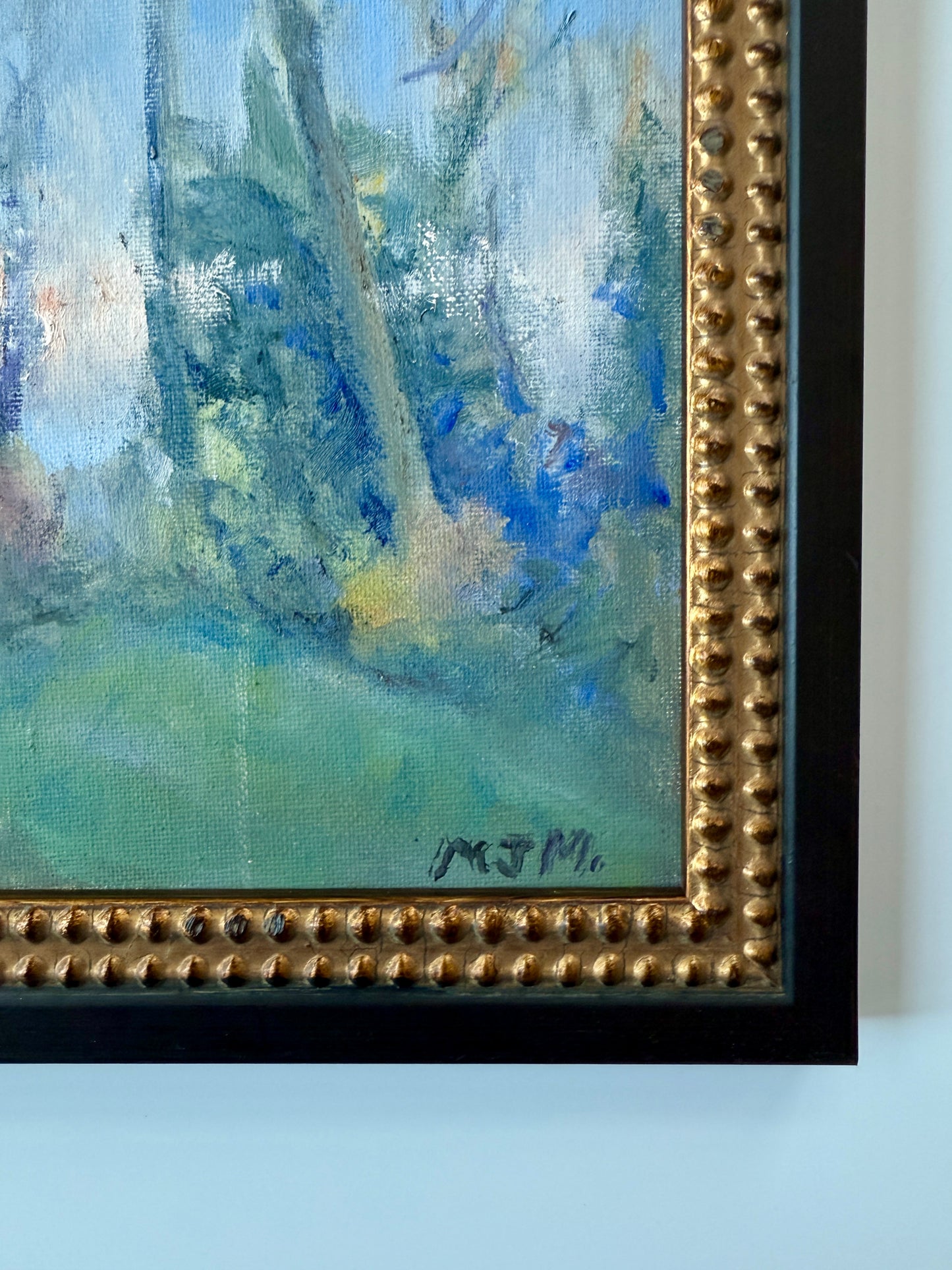 Impressionist Hudson Valley Moon Rise Wooded Landscape Oil Painting in Black and Gold Beaded Frame