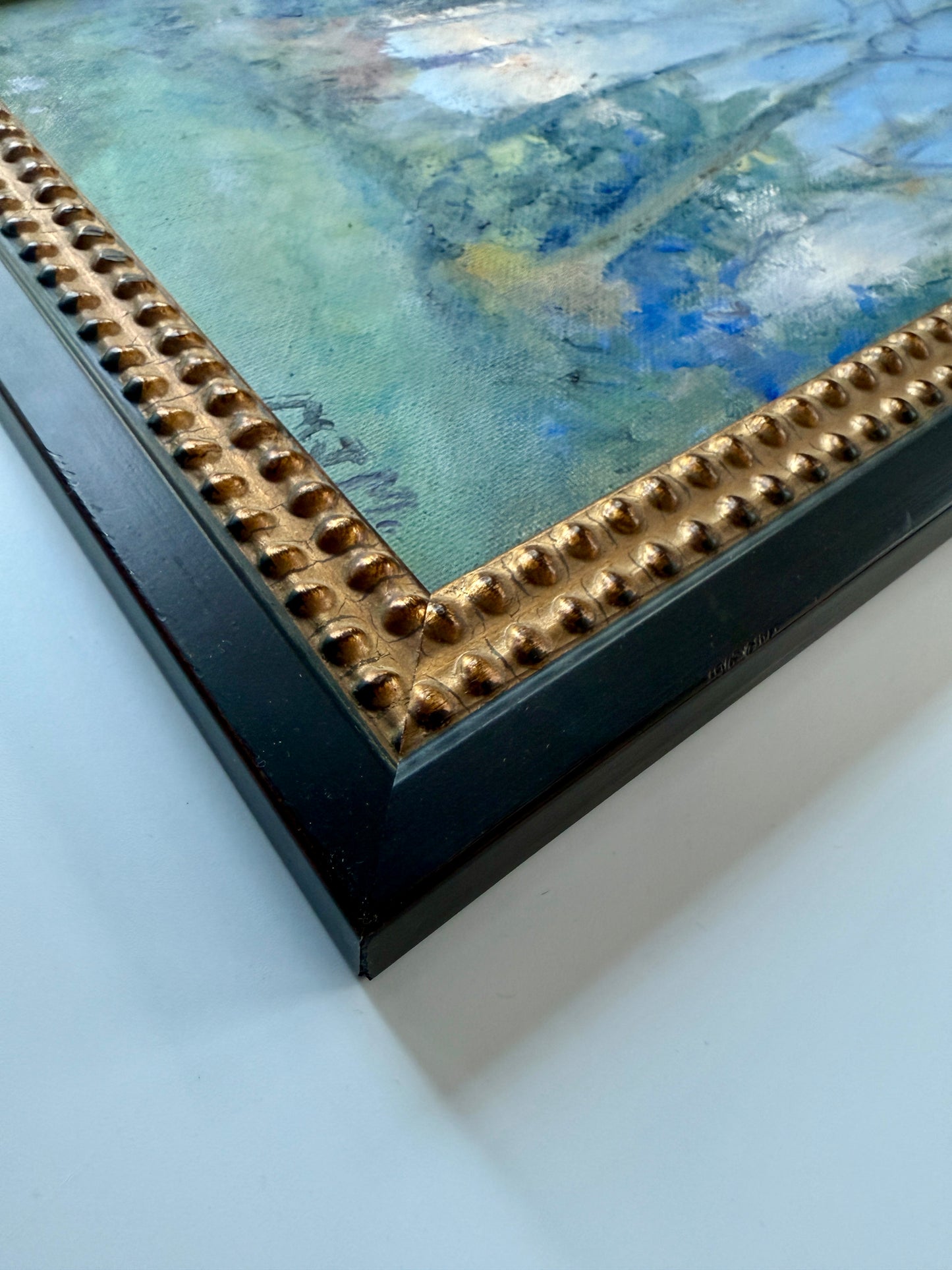 Impressionist Hudson Valley Moon Rise Wooded Landscape Oil Painting in Black and Gold Beaded Frame