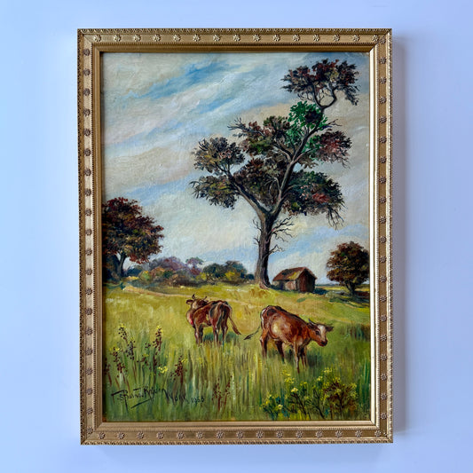 1958 Cows in Meadow Landscape in Gold Flowered Frame