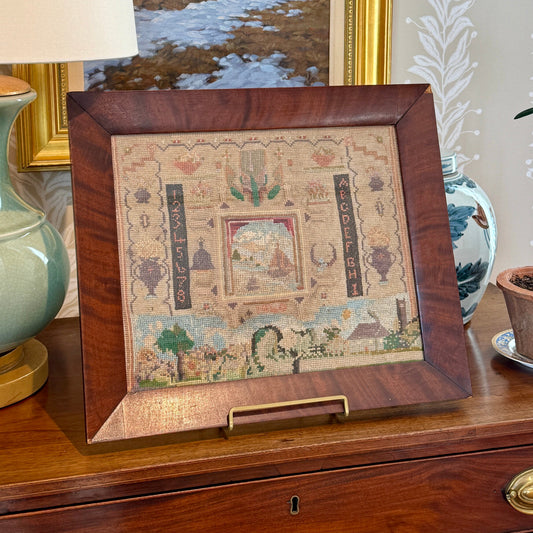 1940 Silk and Wool Sampler with Seascape in 19th Century Wood Frame