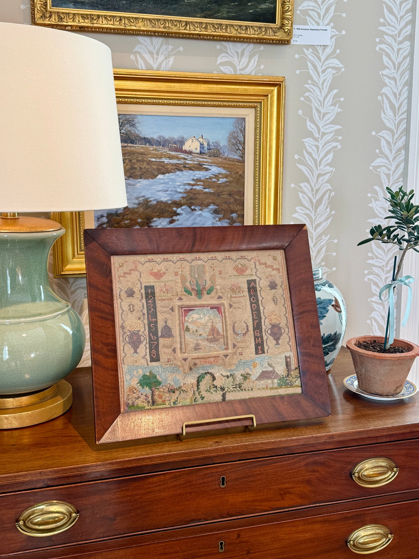 1940 Silk and Wool Sampler with Seascape in 19th Century Wood Frame