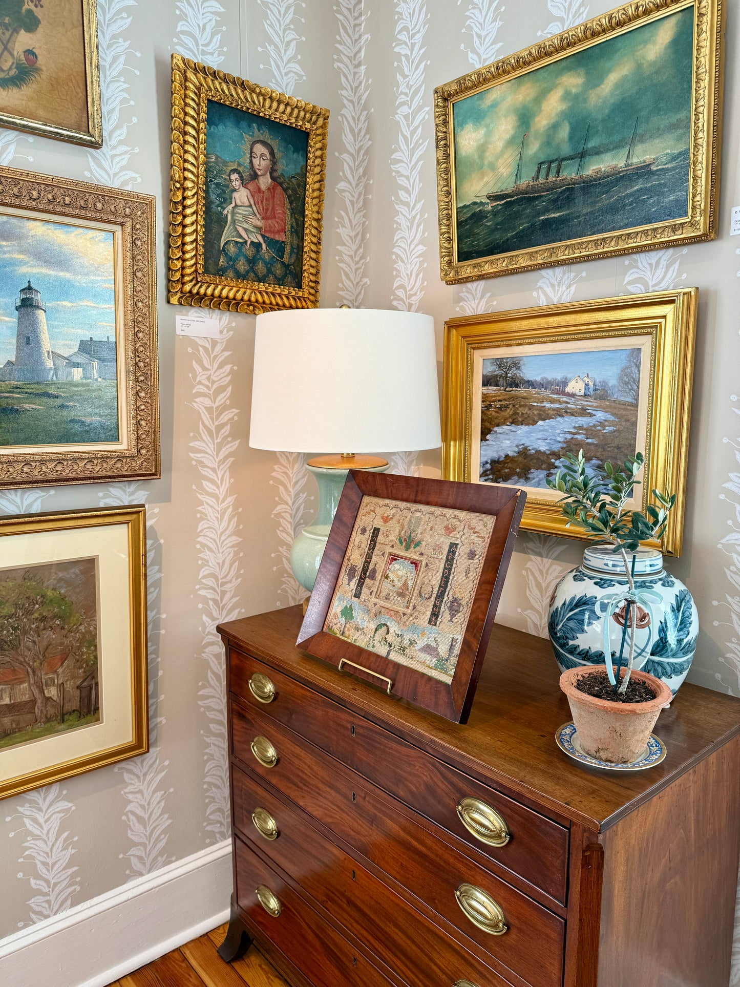 1940 Silk and Wool Sampler with Seascape in 19th Century Wood Frame
