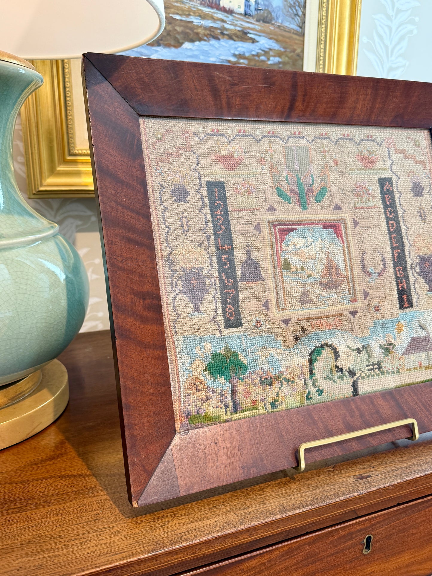 1940 Silk and Wool Sampler with Seascape in 19th Century Wood Frame
