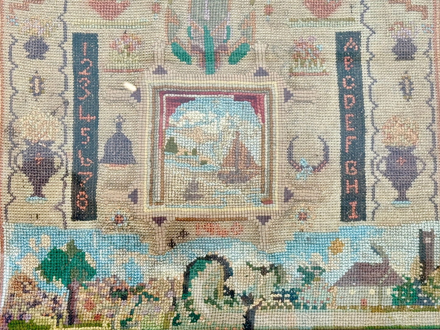 1940 Silk and Wool Sampler with Seascape in 19th Century Wood Frame