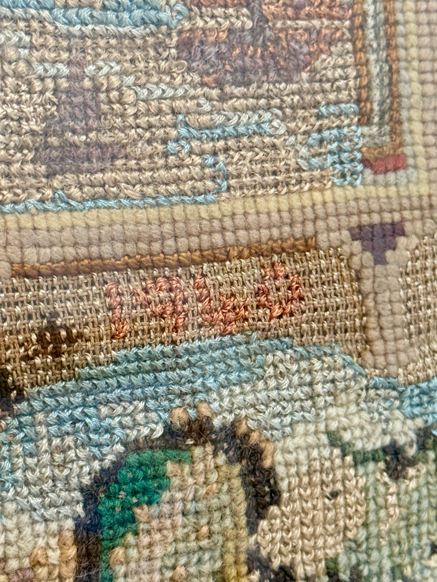 1940 Silk and Wool Sampler with Seascape in 19th Century Wood Frame