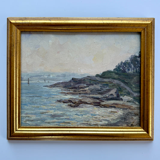 Franklin White Coastal Landscape with Sailboats Oil Painting in Gold Frame