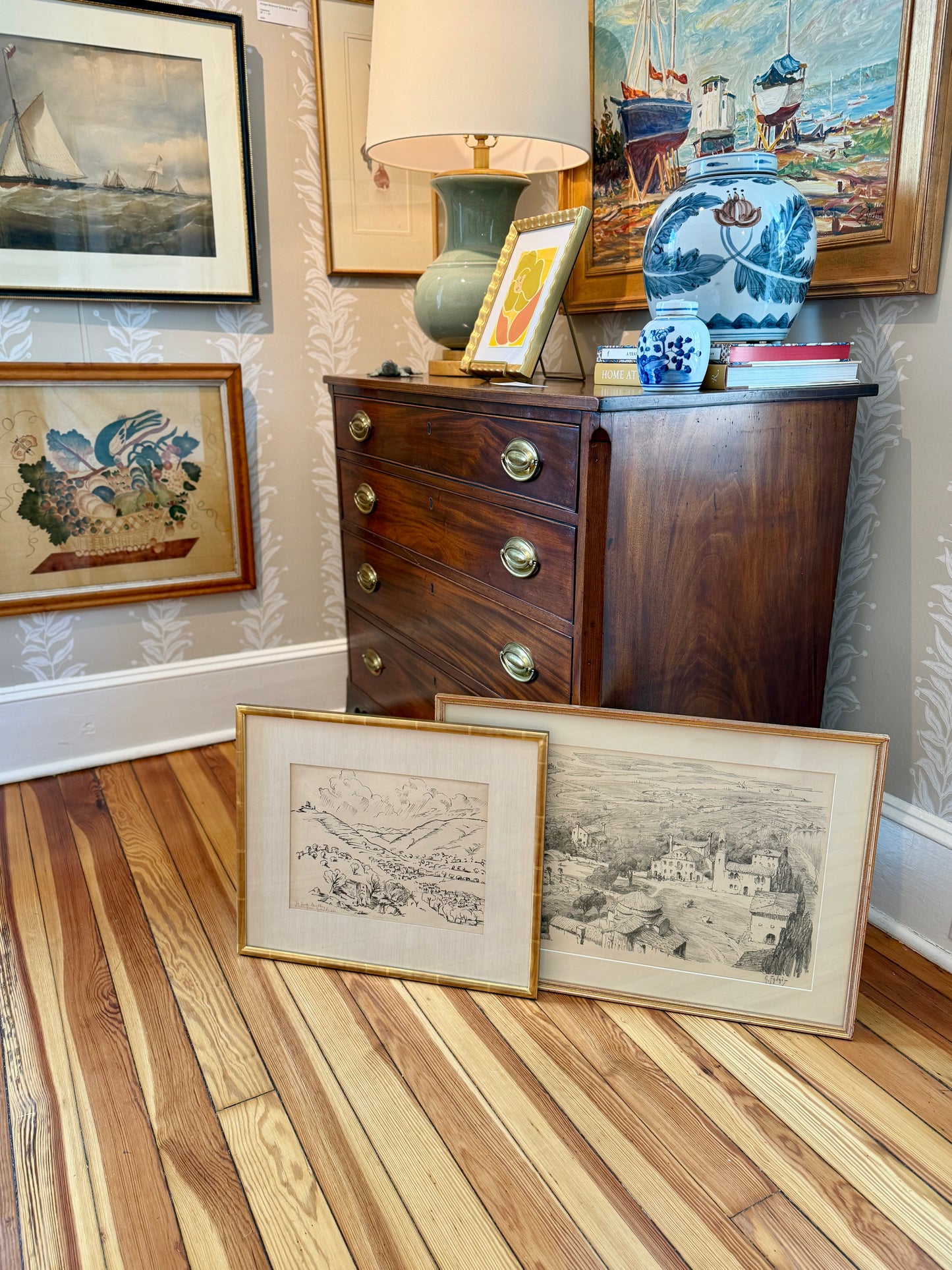 Vintage Sprawling Mediterranean Landscape Pencil Drawing in Gold Frame
