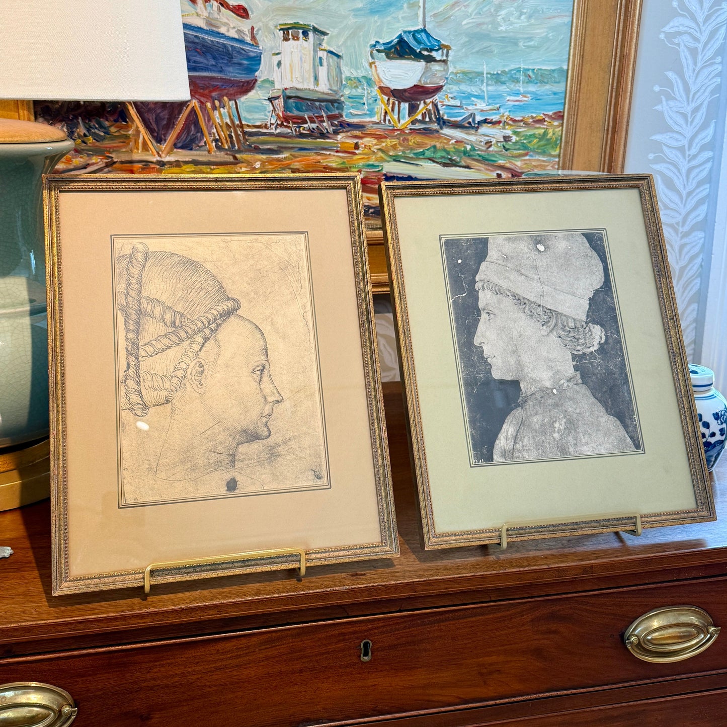Pair of 15th Century Portrait Prints by Pisanello and Piero della Francesca in Gold Frames