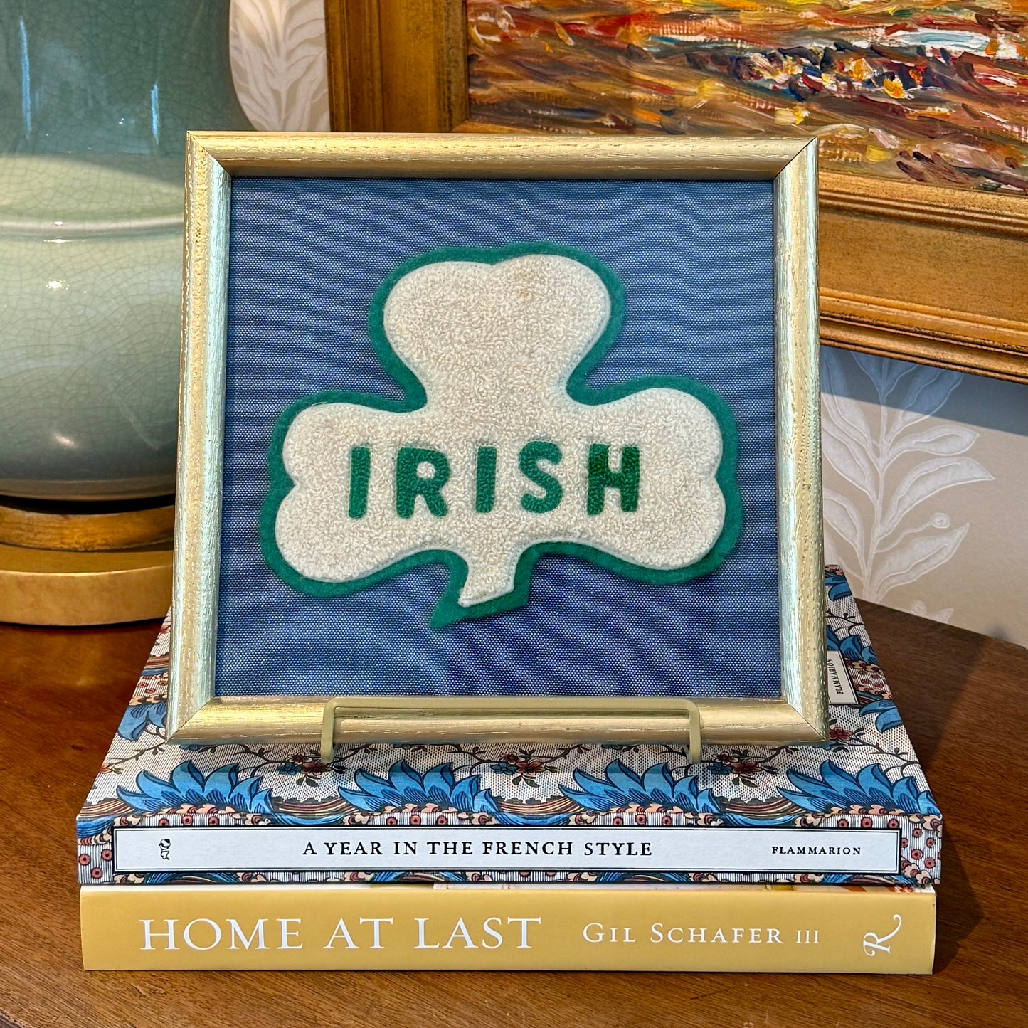 Mid Century University of Notre Dame Fighting Irish Shamrock Varsity Jacket Patch on Navy Oxford in Gold Frame (Copy)