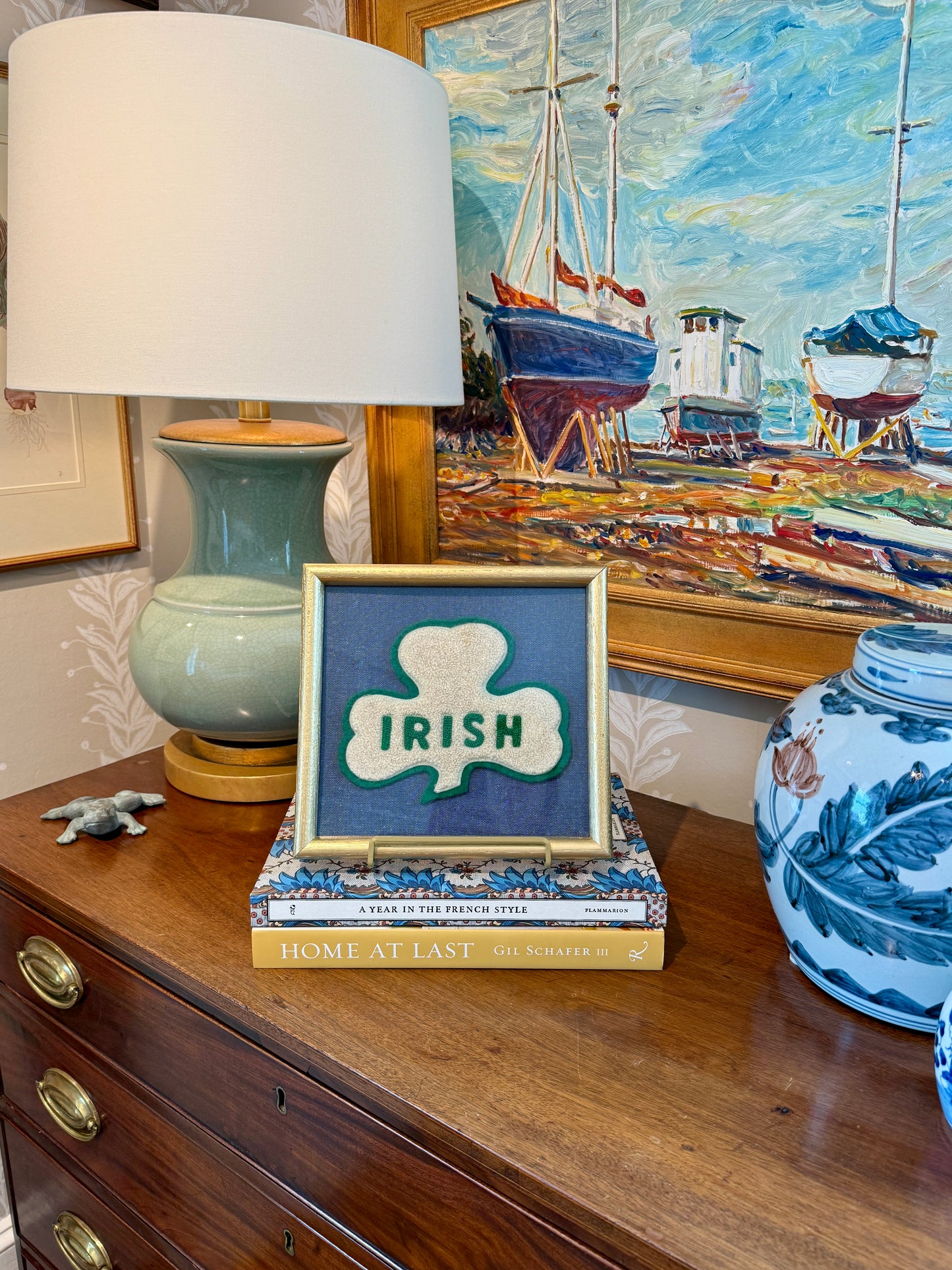 Mid Century University of Notre Dame Fighting Irish Shamrock Varsity Jacket Patch on Navy Oxford in Gold Frame (Copy)
