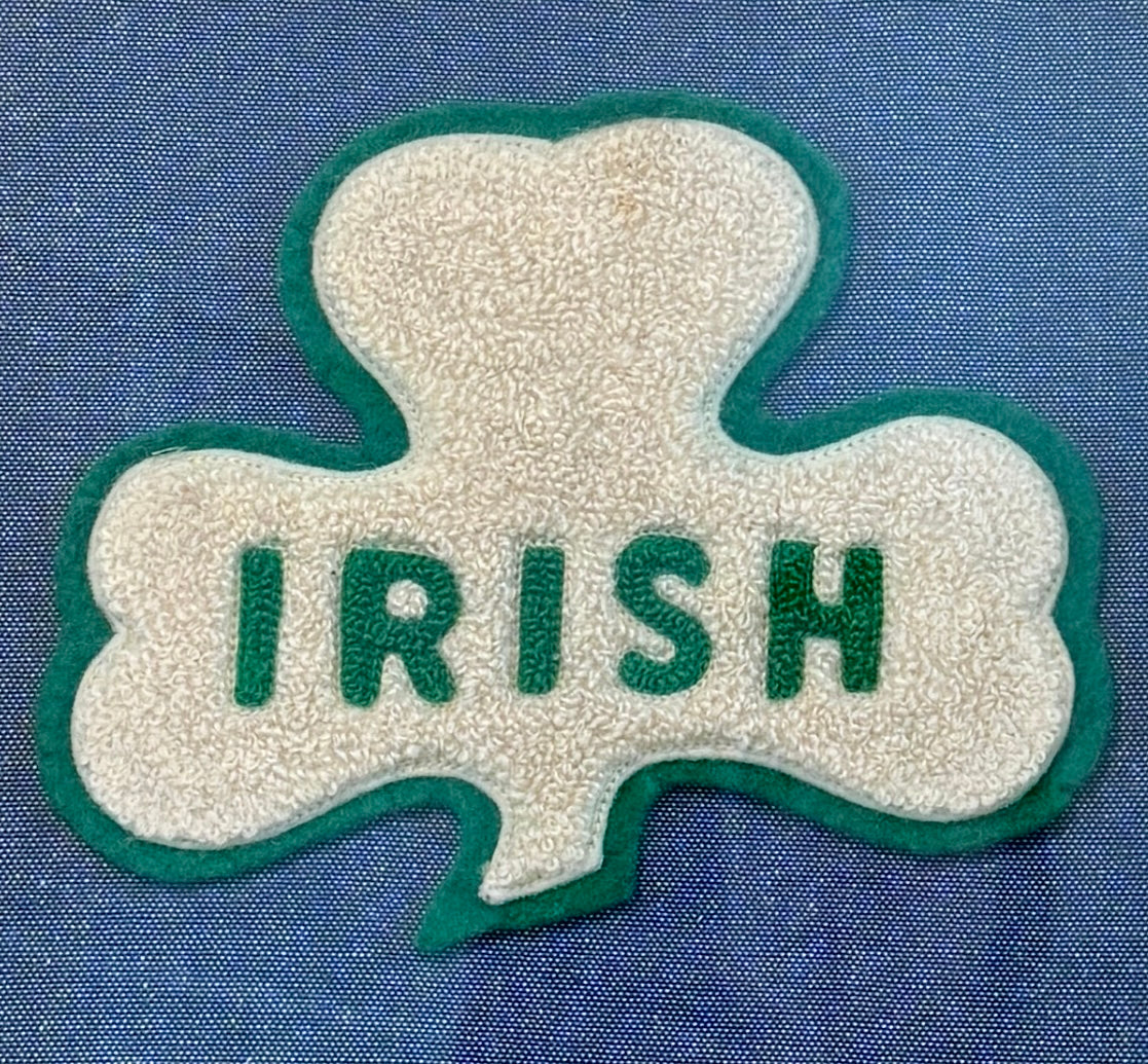 Mid Century University of Notre Dame Fighting Irish Shamrock Varsity Jacket Patch on Navy Oxford in Gold Frame (Copy)