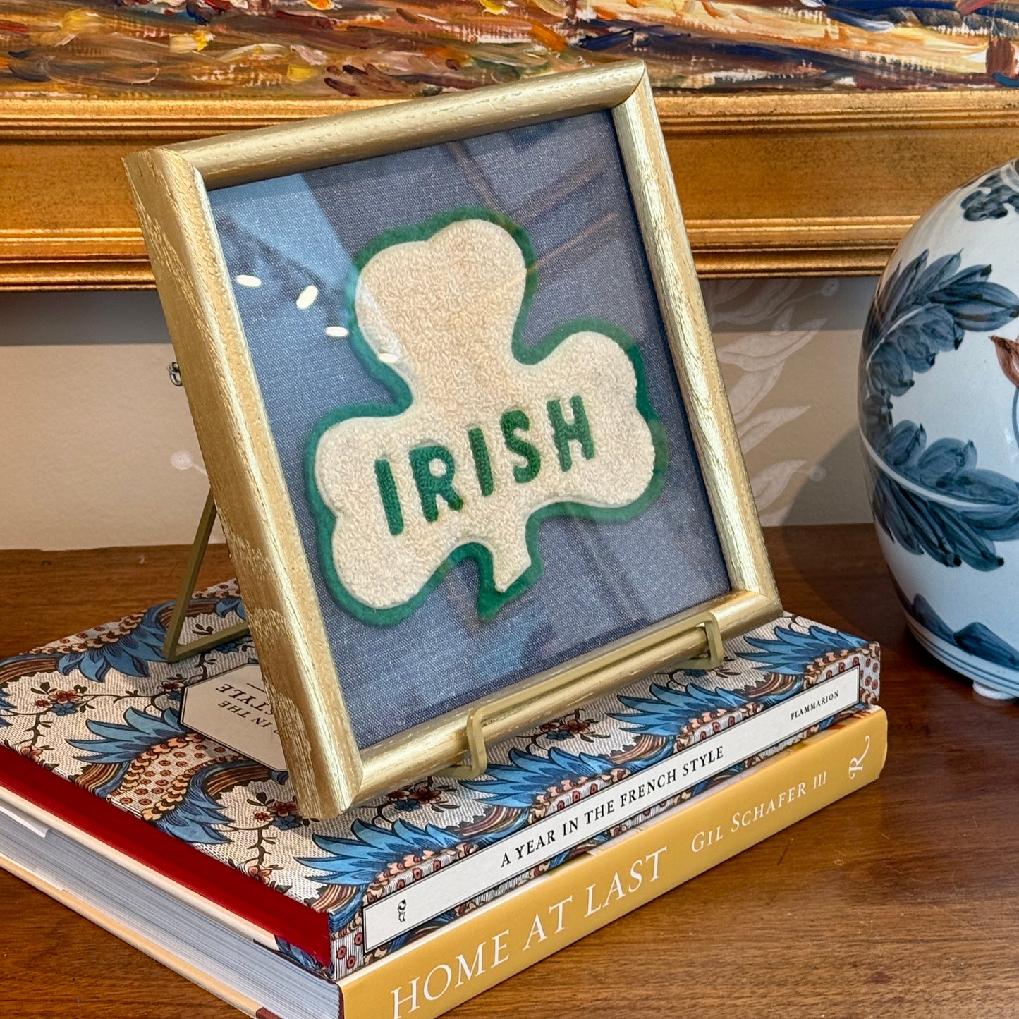 Mid Century University of Notre Dame Fighting Irish Shamrock Varsity Jacket Patch on Navy Oxford in Gold Frame (Copy)