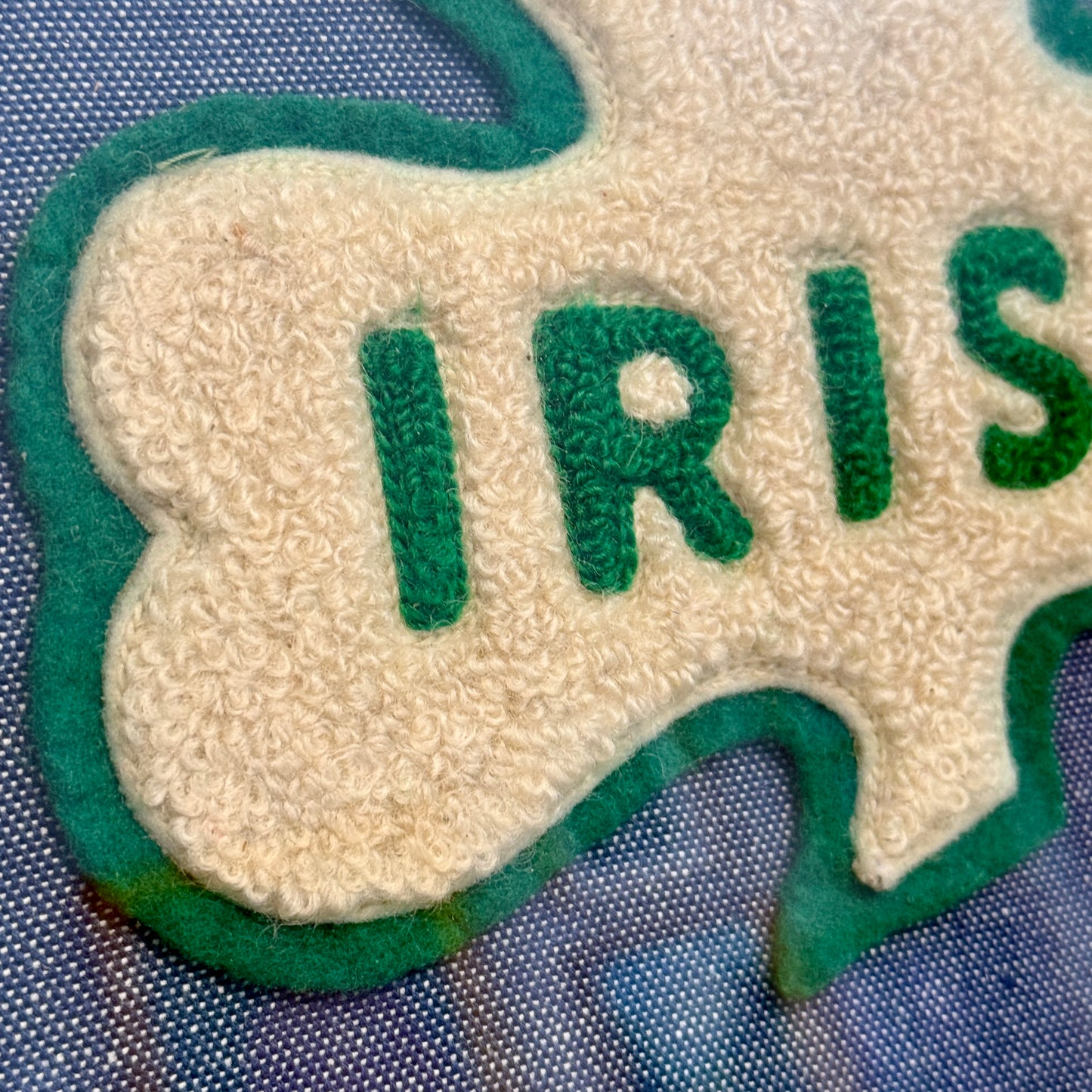 Mid Century University of Notre Dame Fighting Irish Shamrock Varsity Jacket Patch on Navy Oxford in Gold Frame (Copy)