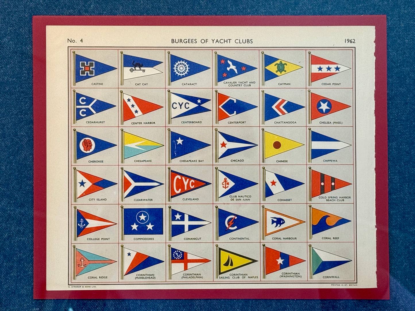 1962 Private Signals of Yachtsmen Flags Includes Corinthian Yacht Clubs on Chambray in Gold Frame