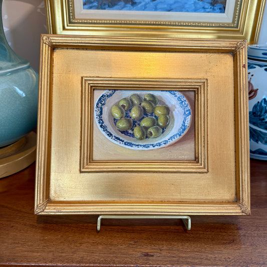 Youqing Wang Green Olives in Blue and White Bowl Still Life Oil Painting in Gold Frame