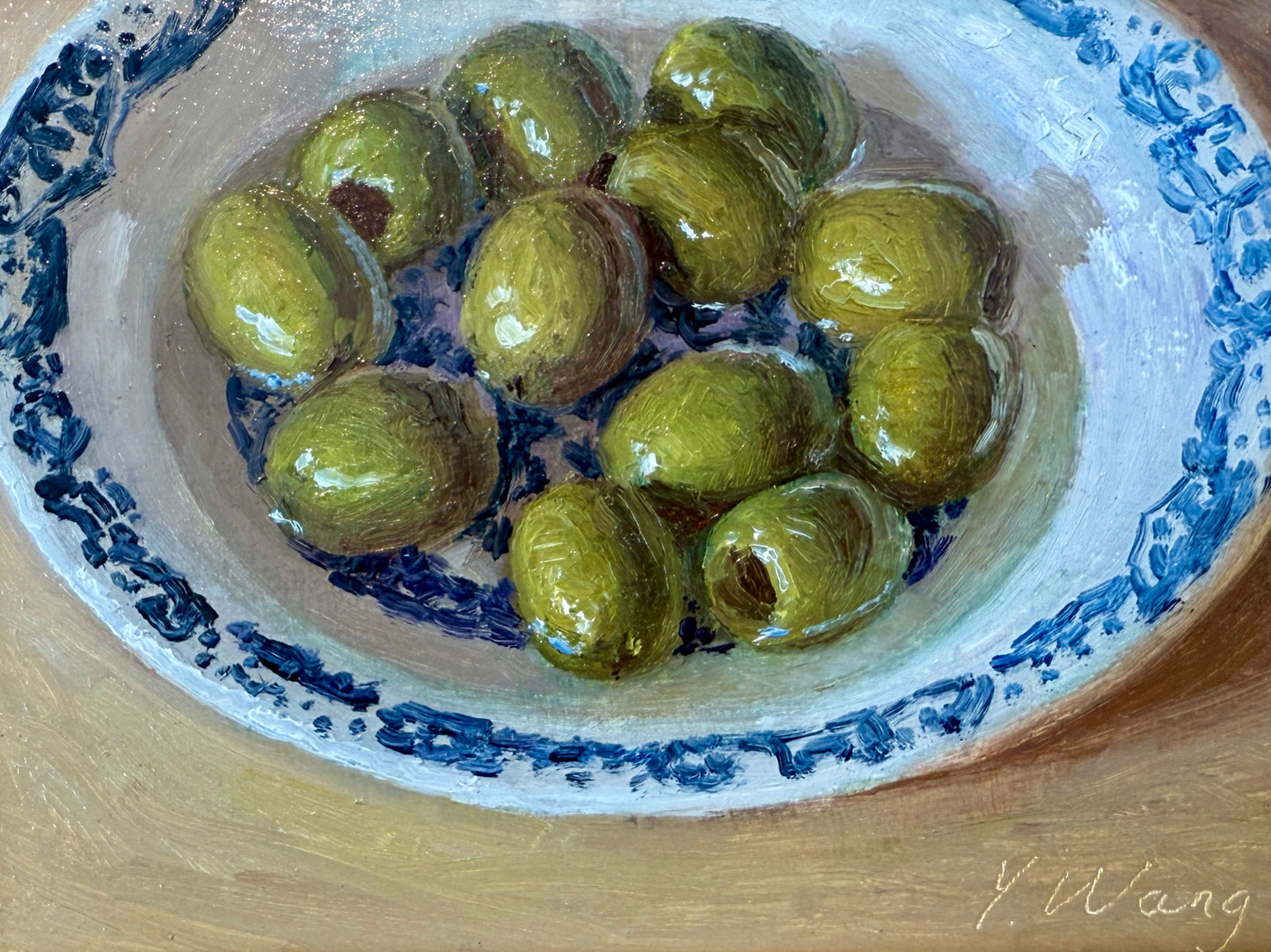 Youqing Wang Green Olives in Blue and White Bowl Still Life Oil Painting in Gold Frame