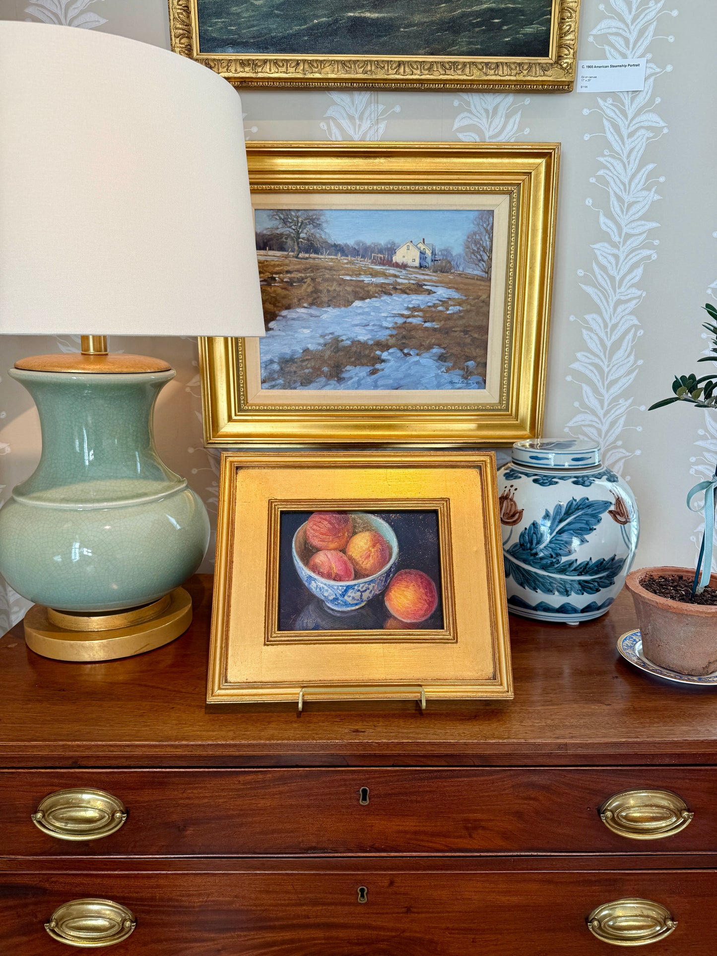 Youqing Wang Peaches in Blue and White Bowl Still Life Oil Painting in Gold Frame