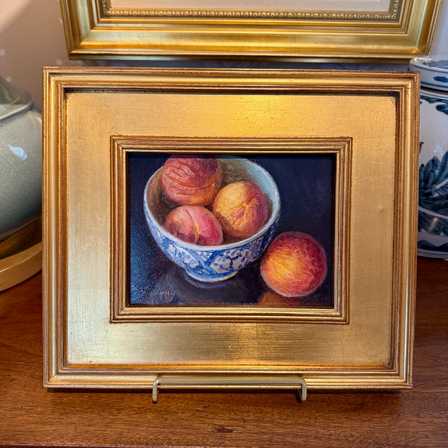 Youqing Wang Peaches in Blue and White Bowl Still Life Oil Painting in Gold Frame