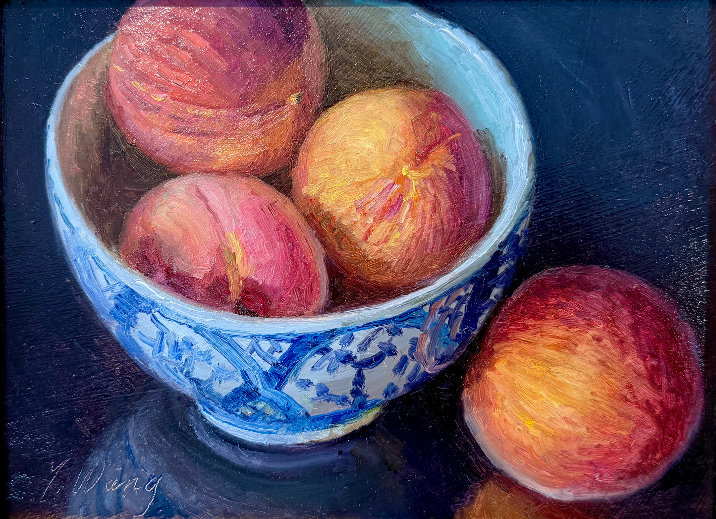 Youqing Wang Peaches in Blue and White Bowl Still Life Oil Painting in Gold Frame