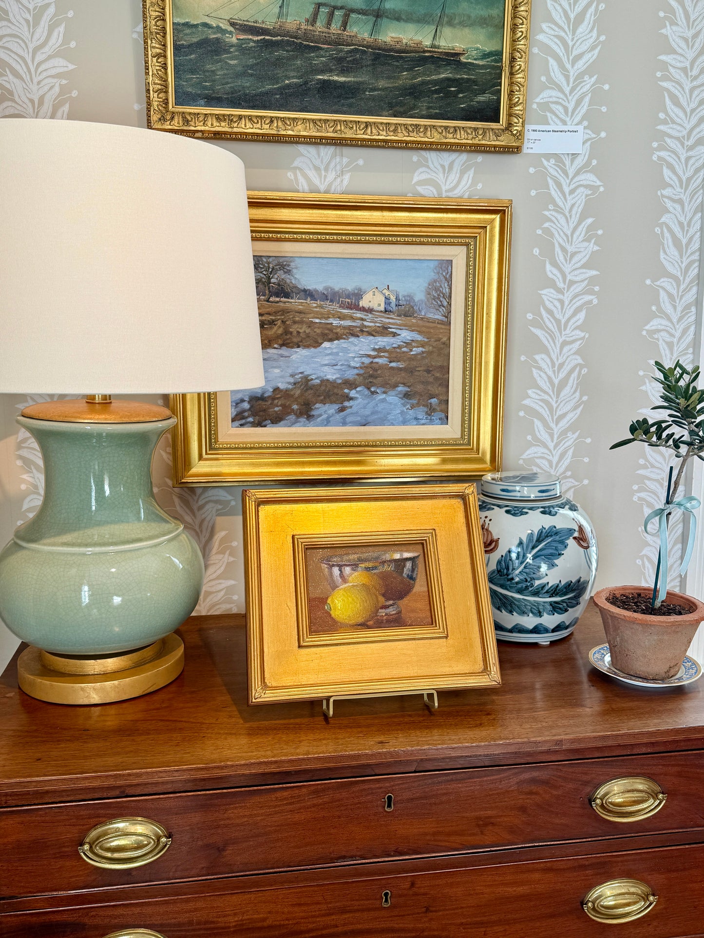 Youqing Wang Lemons in Sterling Silver Bowl Oil Painting in Gold Frame