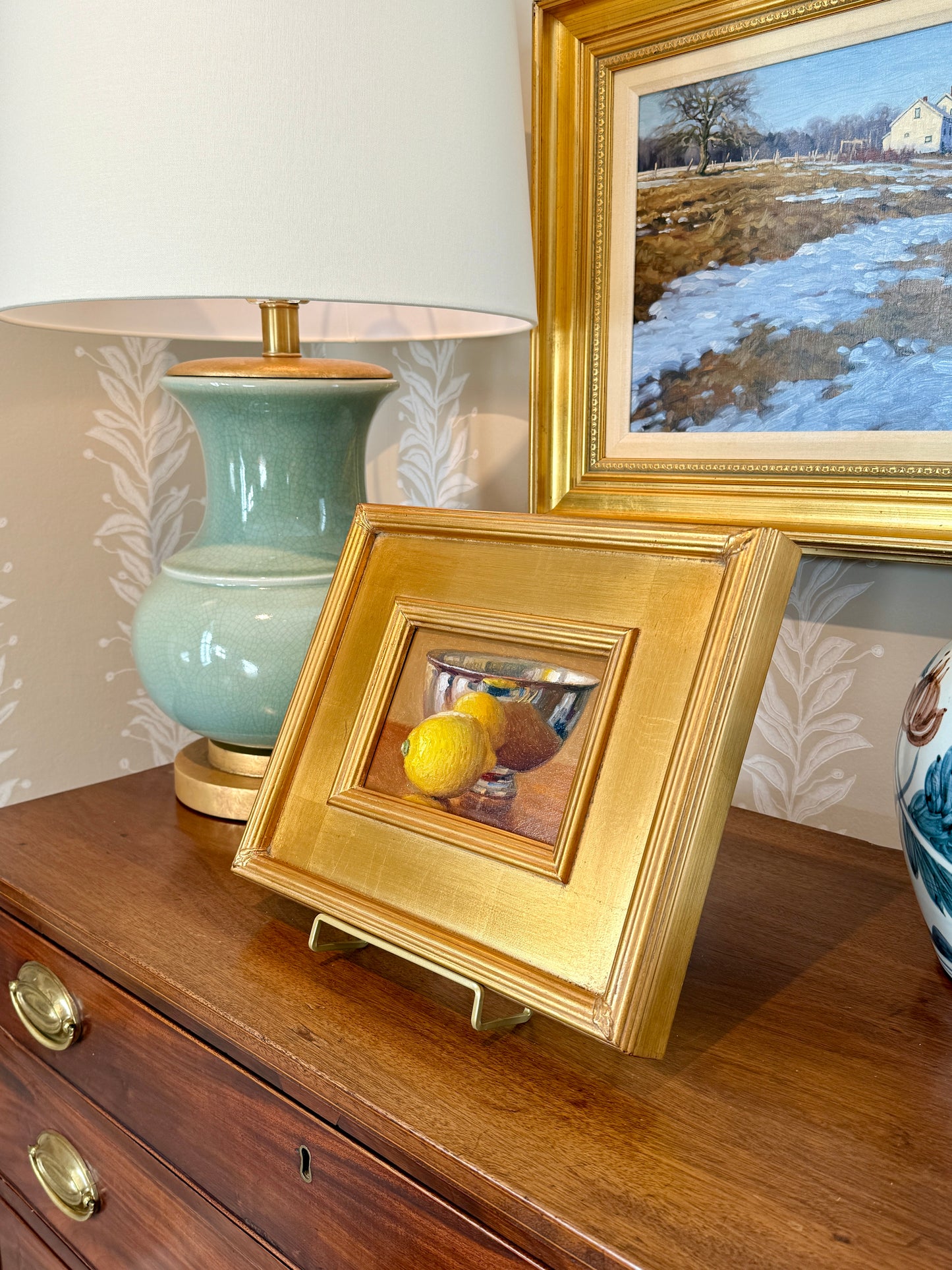 Youqing Wang Lemons in Sterling Silver Bowl Oil Painting in Gold Frame