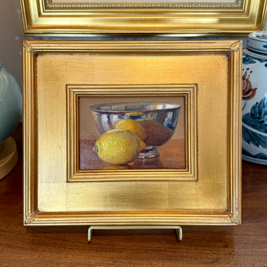 Youqing Wang Lemons in Sterling Silver Bowl Oil Painting in Gold Frame