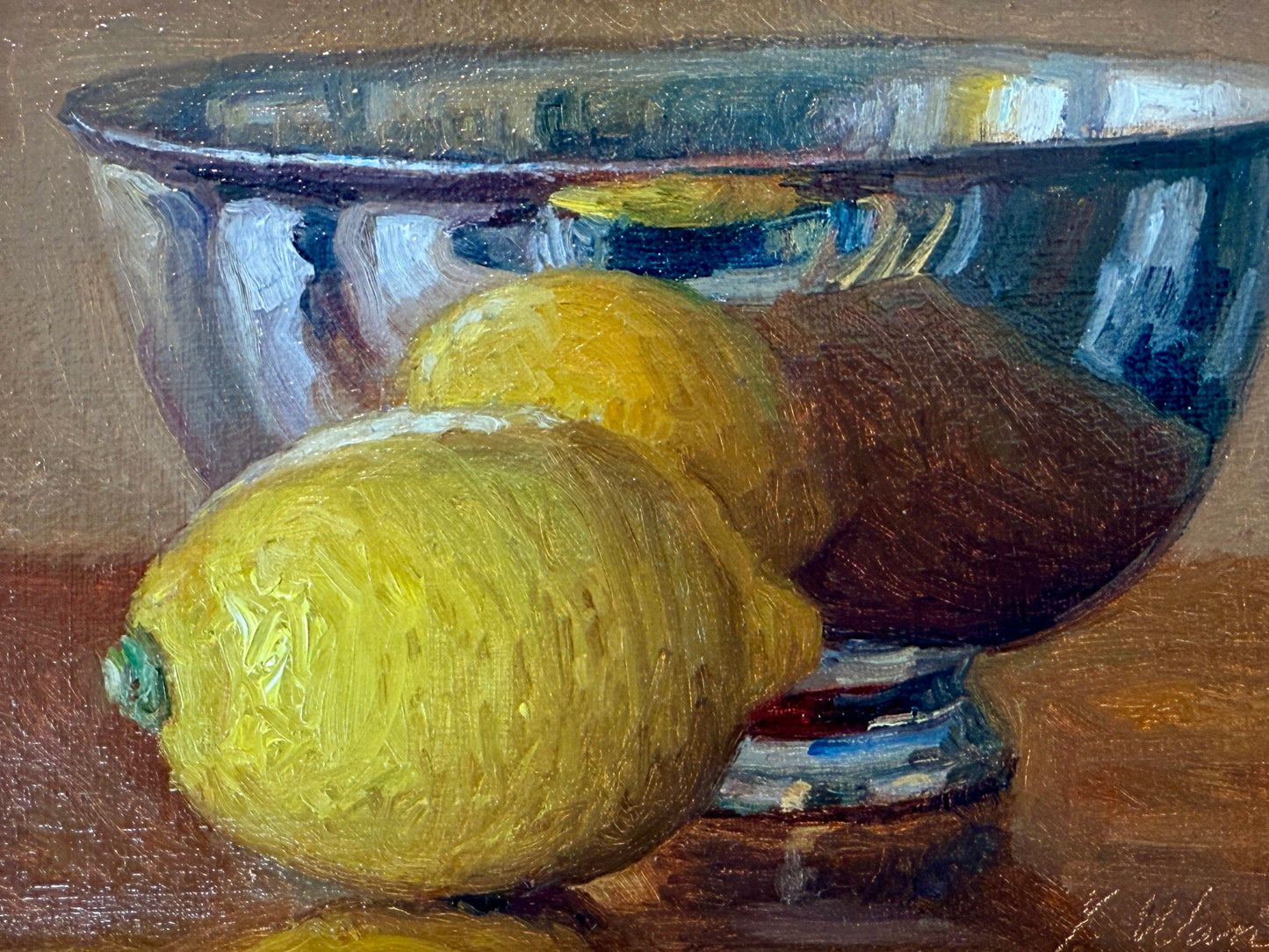 Youqing Wang Lemons in Sterling Silver Bowl Oil Painting in Gold Frame