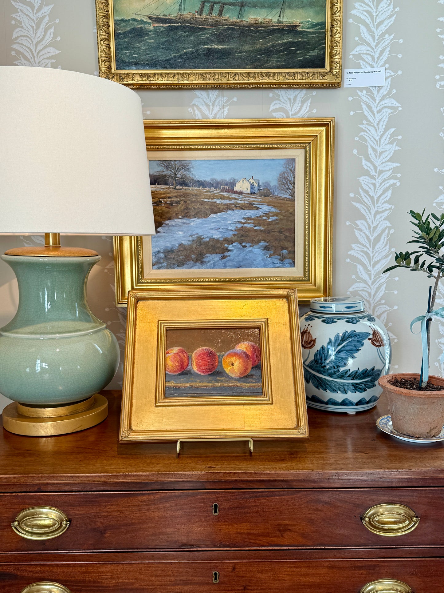 Youqing Wang Peaches on Painted Table Still Life Oil Painting in Gold Frame