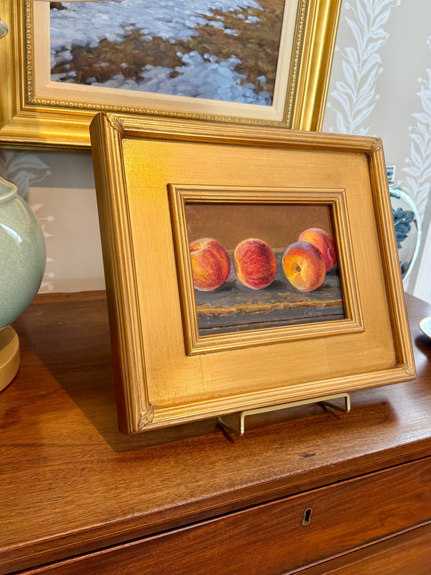 Youqing Wang Peaches on Painted Table Still Life Oil Painting in Gold Frame
