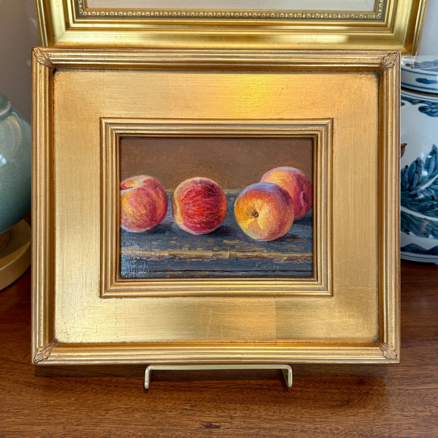 Youqing Wang Peaches on Painted Table Still Life Oil Painting in Gold Frame