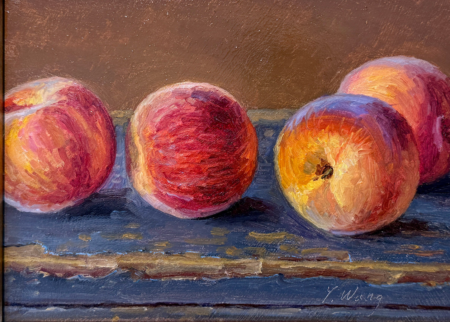 Youqing Wang Peaches on Painted Table Still Life Oil Painting in Gold Frame