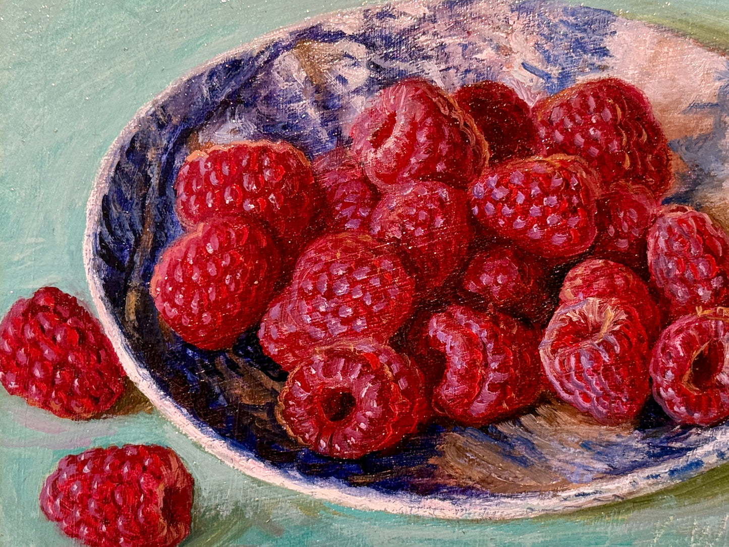 Youqing Wang Raspberries in Blue and White Bowl Still Life Oil Painting in Gold Frame