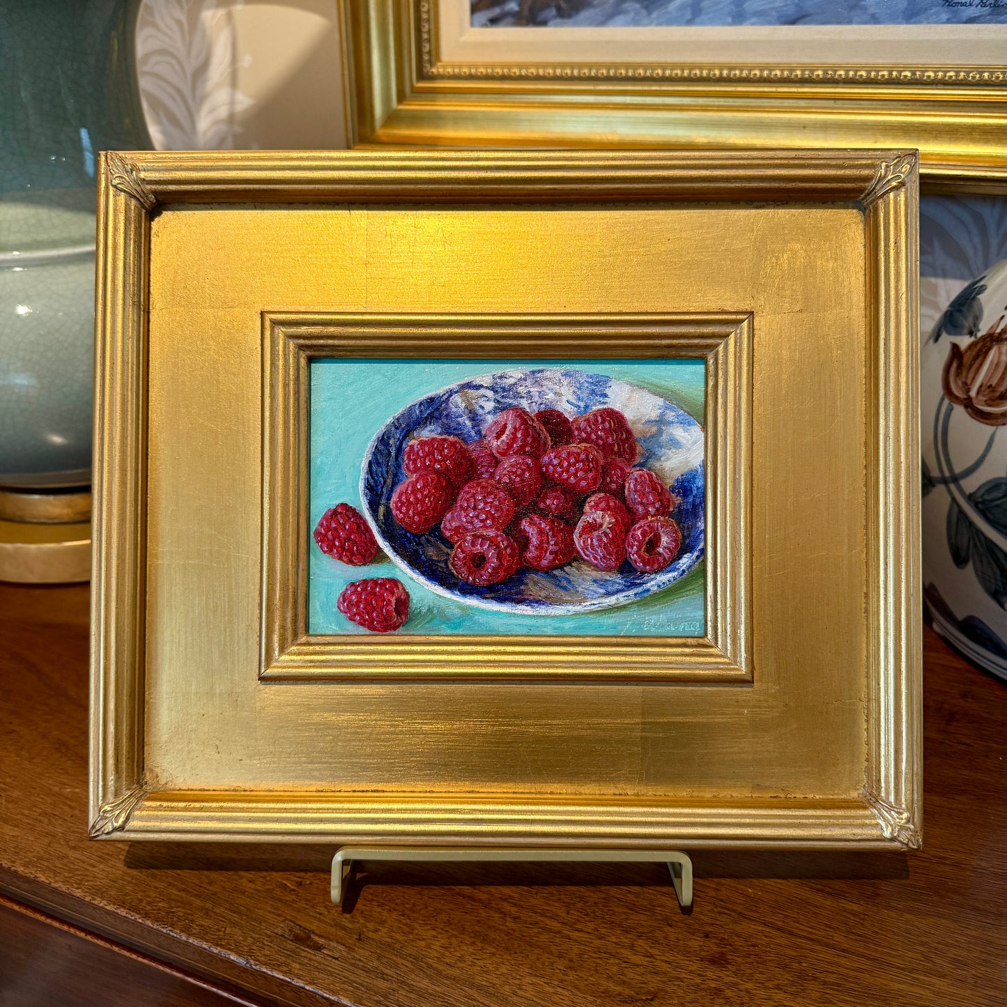 Youqing Wang Raspberries in Blue and White Bowl Still Life Oil Painting in Gold Frame