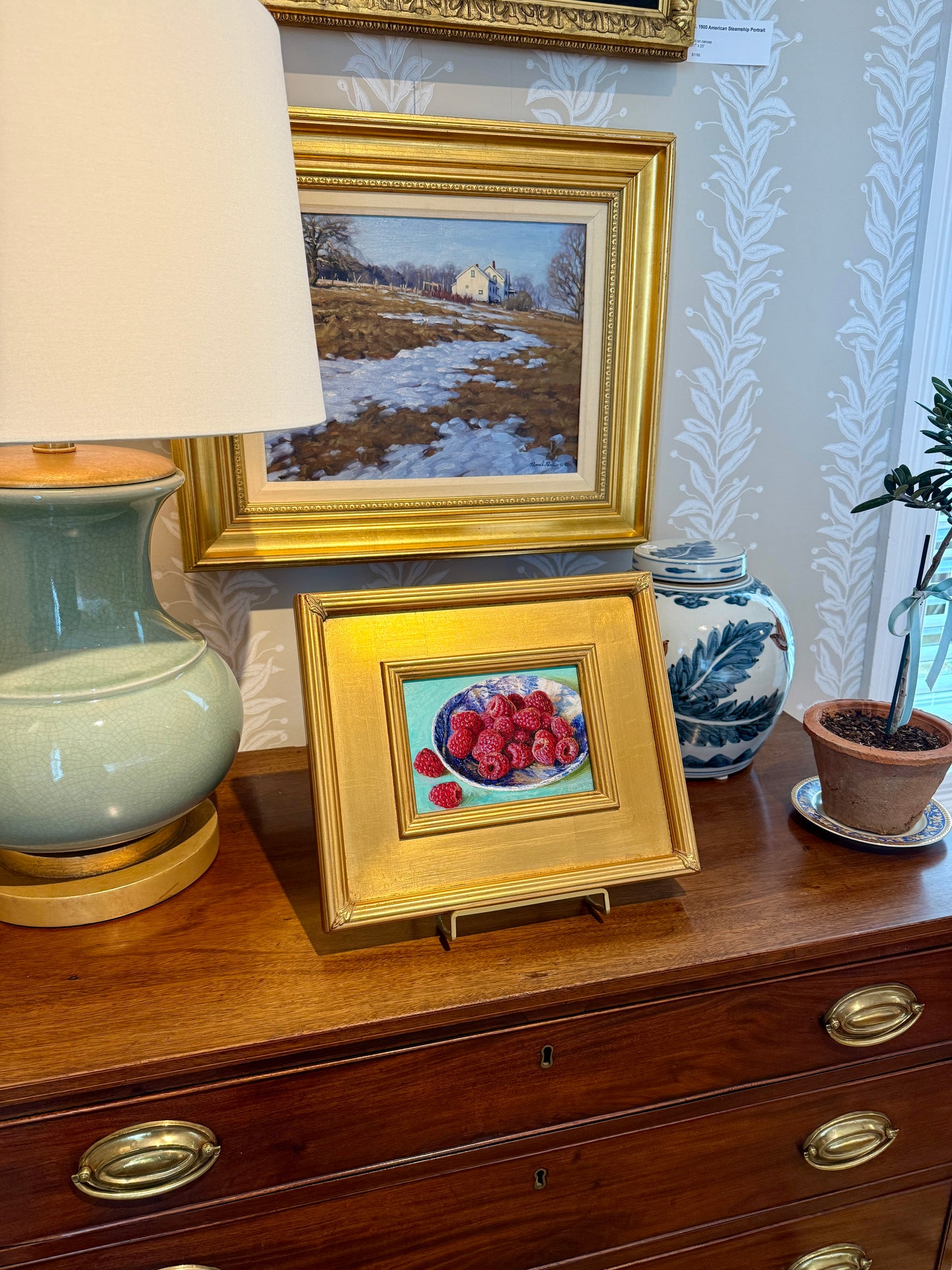 Youqing Wang Raspberries in Blue and White Bowl Still Life Oil Painting in Gold Frame