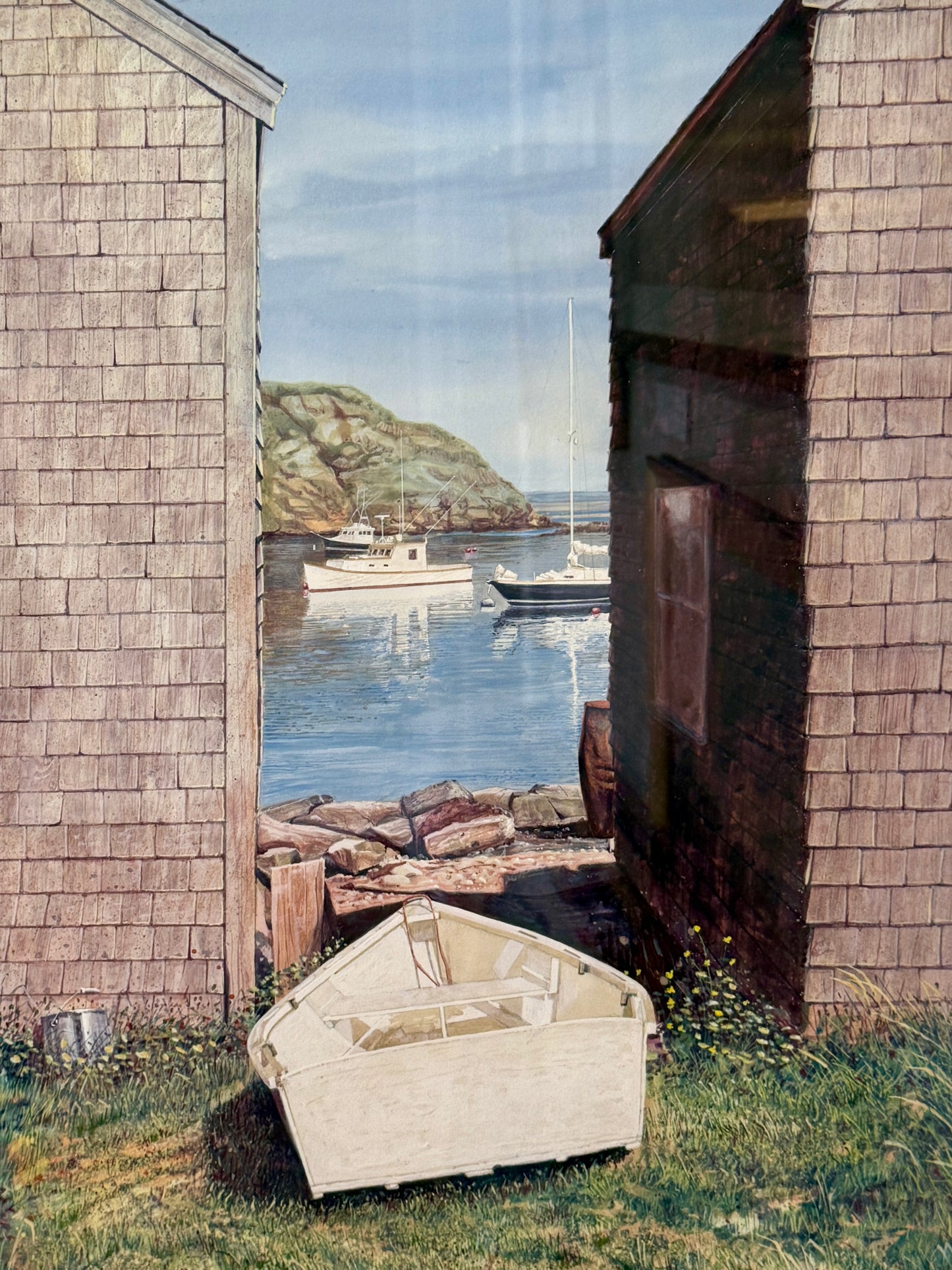 James "Jim" Dean Fish Beach Monhegan Maine Watercolor in Gold Frame