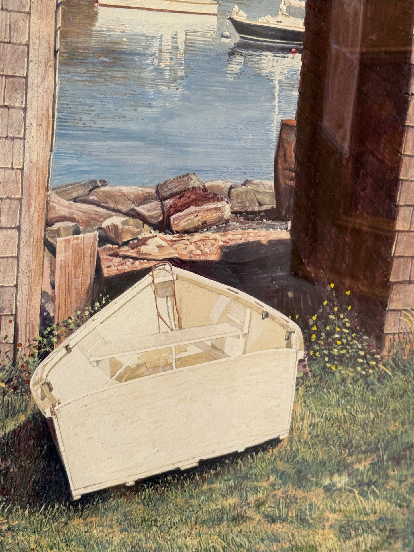 James "Jim" Dean Fish Beach Monhegan Maine Watercolor in Gold Frame